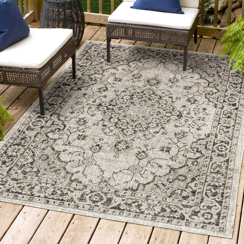 Jonathan Y Smb102D-5 Rozetta Boho Medallion Textured Weave Indoor Outdoor Area -Rug Coastal Bohemian Rustic Glam Easy -Cleaning Bedroom Kitchen Backyard Patio Non Shedding, 5 X 8, Gray/Black
