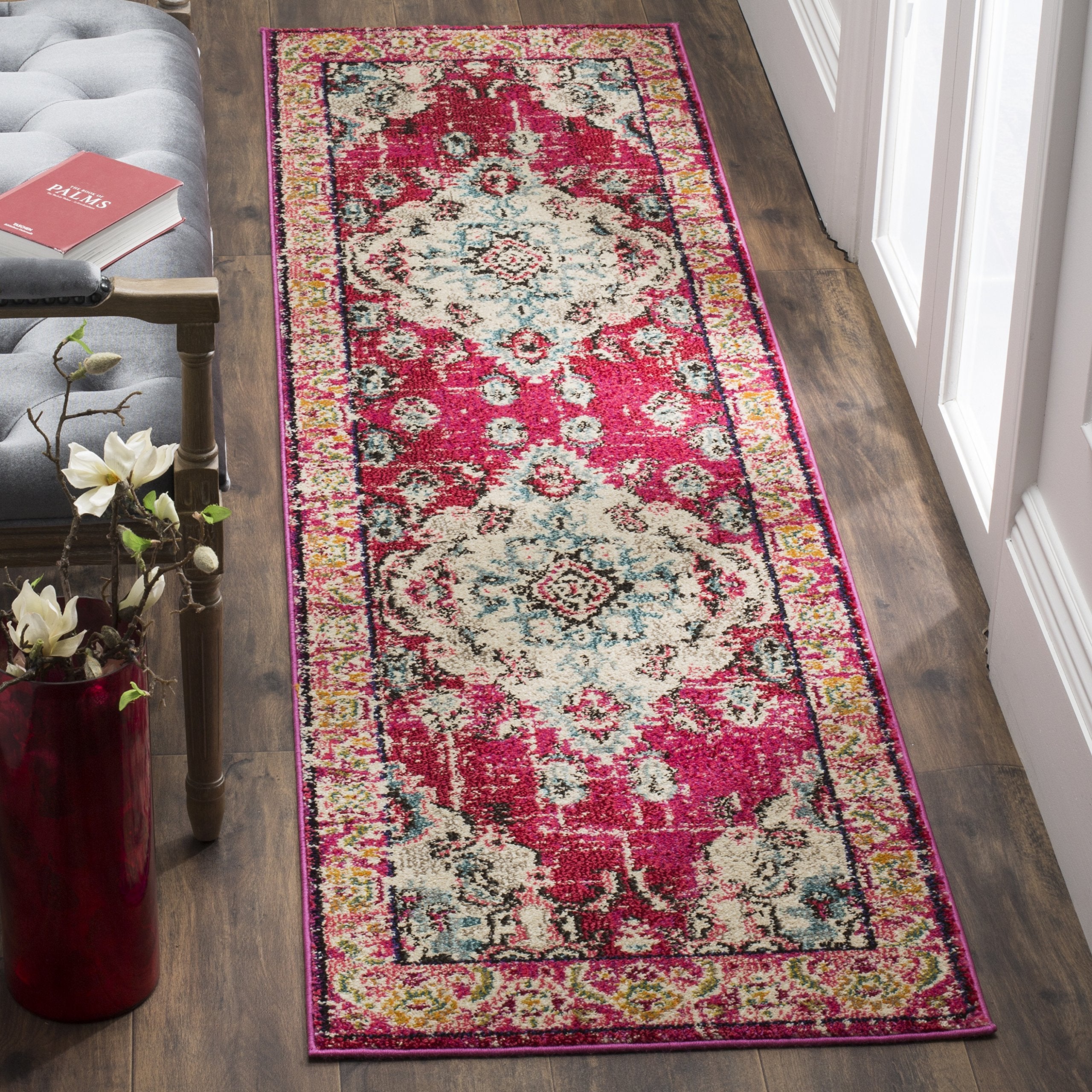 SAFAVIEH Monaco Collection Runner Rug - 22 x 8, Pink & Multi, Boho Chic Medallion Distressed Design, Non-Shedding & Easy Care,