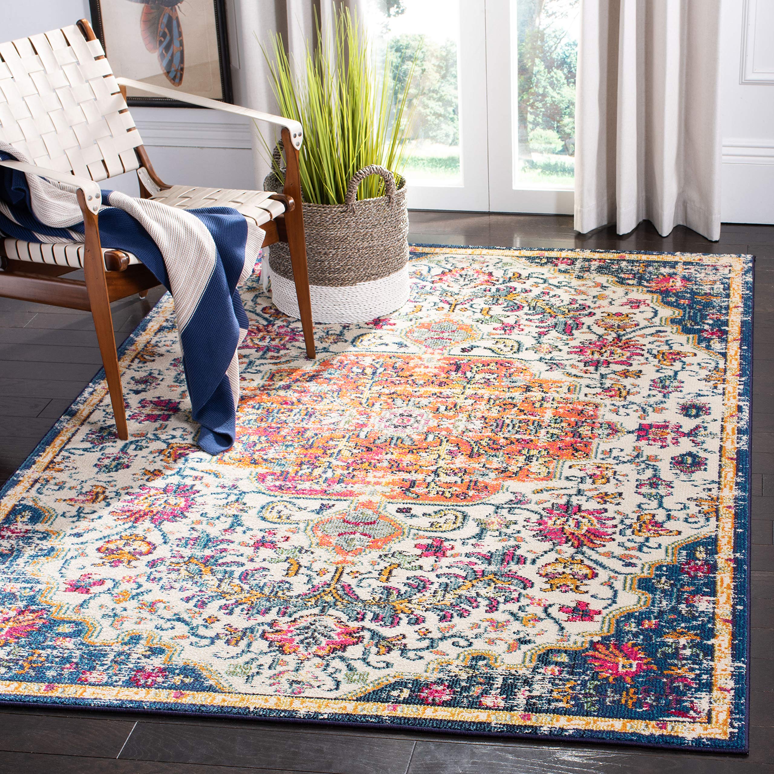 SAFAVIEH Madison Collection Area Rug - 53 x 76, Ivory & Orange, Boho Chic Medallion Distressed Design, Non-Shedding & Easy Car
