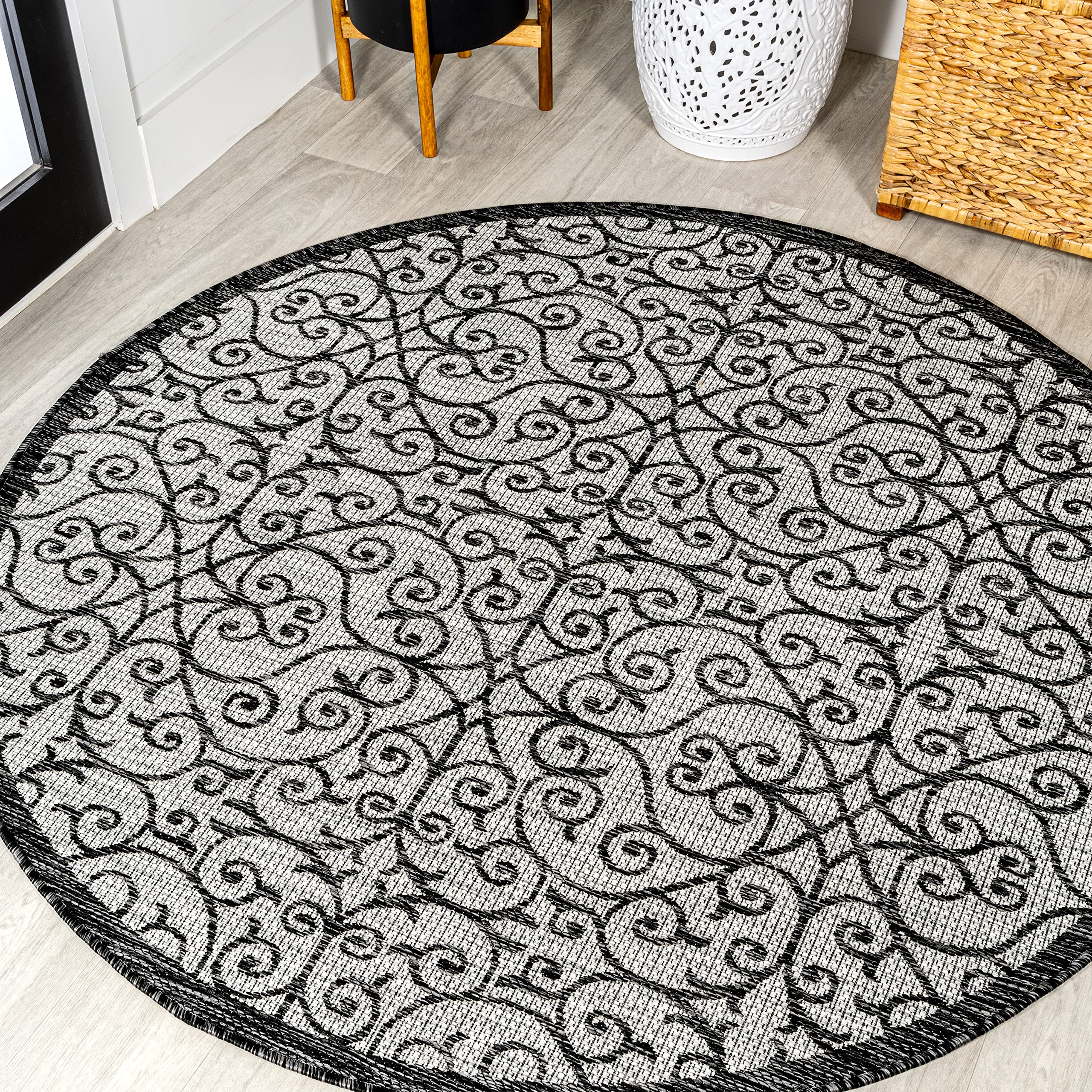 Jonathan Y Smb107E-8R Madrid Vintage Filigree Textured Weave Light Gray/Black 8' Round Indoor/Outdoor Area Rug, Pet Friendly, No