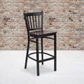 2 Pk. Black Vertical Back Metal Restaurant Barstool - Mahogany Wood Seat