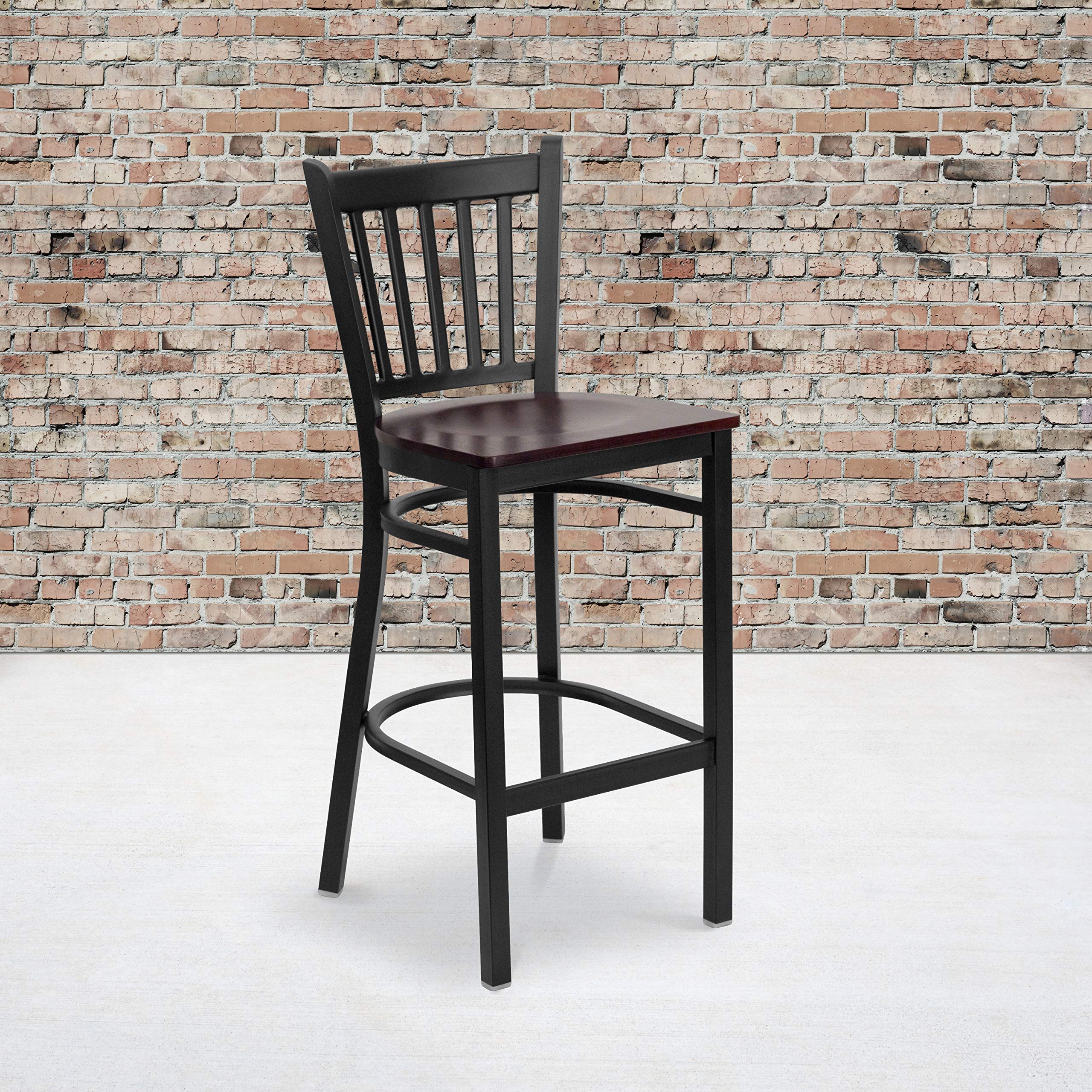 2 Pk. Black Vertical Back Metal Restaurant Barstool - Mahogany Wood Seat