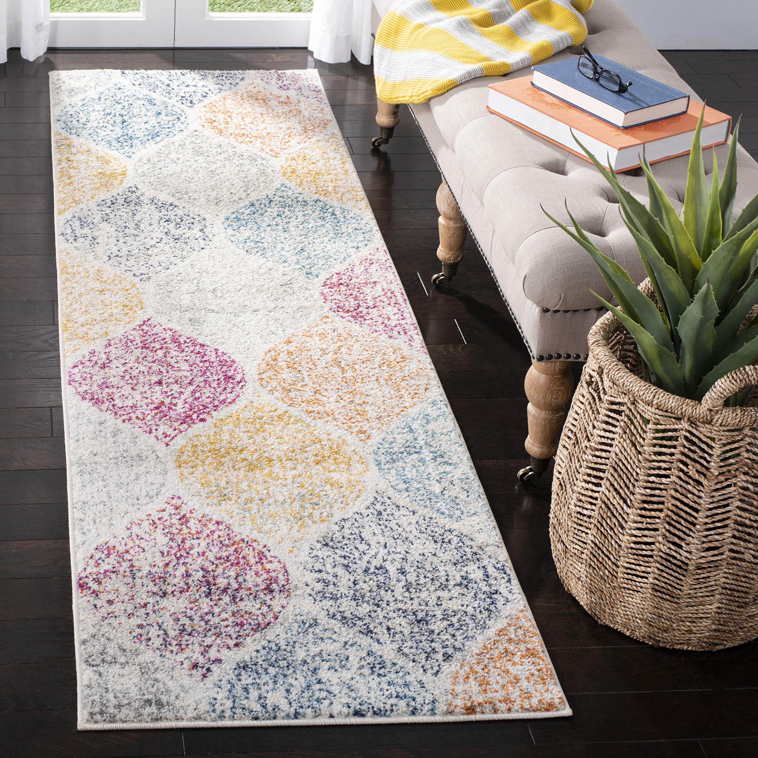 SAFAVIEH Madison Collection Runner Rug - 23 x 8, Creme & Yellow, Glam Ogee Trellis Distressed Design, Non-Shedding & Easy Care