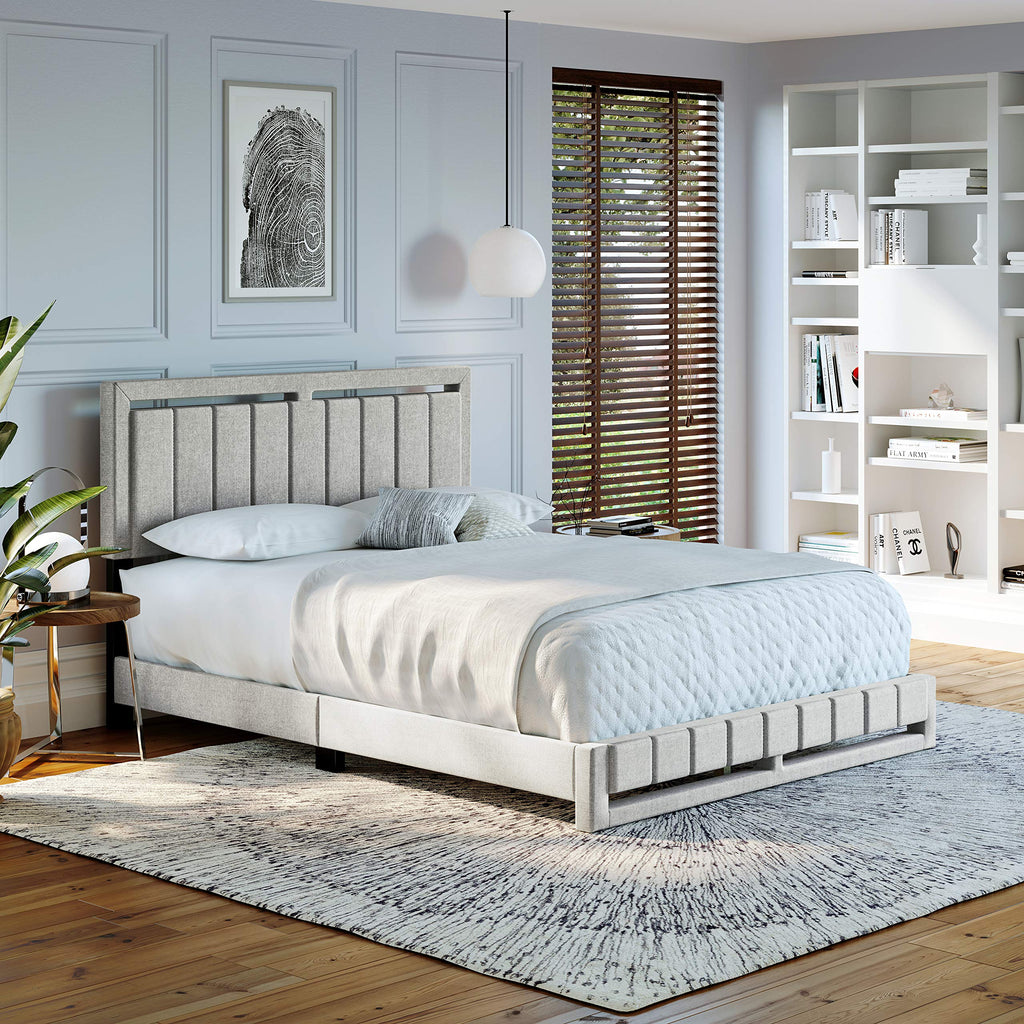 Boyd Sleep Beaumont Upholstered Platform Bed with Headboard, Mattress Foundation with Strong 14 Wood Slat Supports, No Box Spring Required, White Linen, Size Twin
