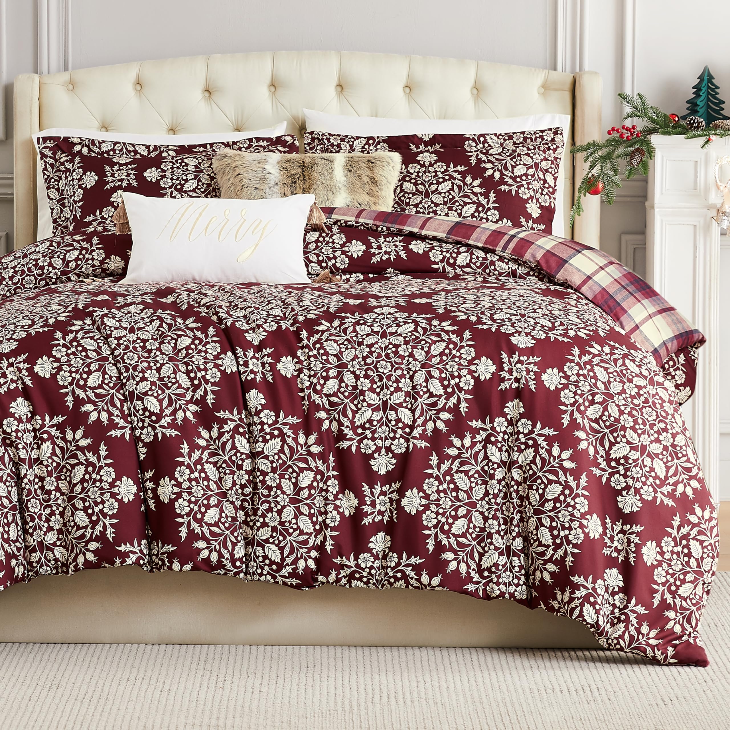 Southshore Fine Living, Inc. 4-Pc Twin Size Christmas Comforter Set W/Throw Pillow & Shams, Reversible Red Plaid Christmas Beddi