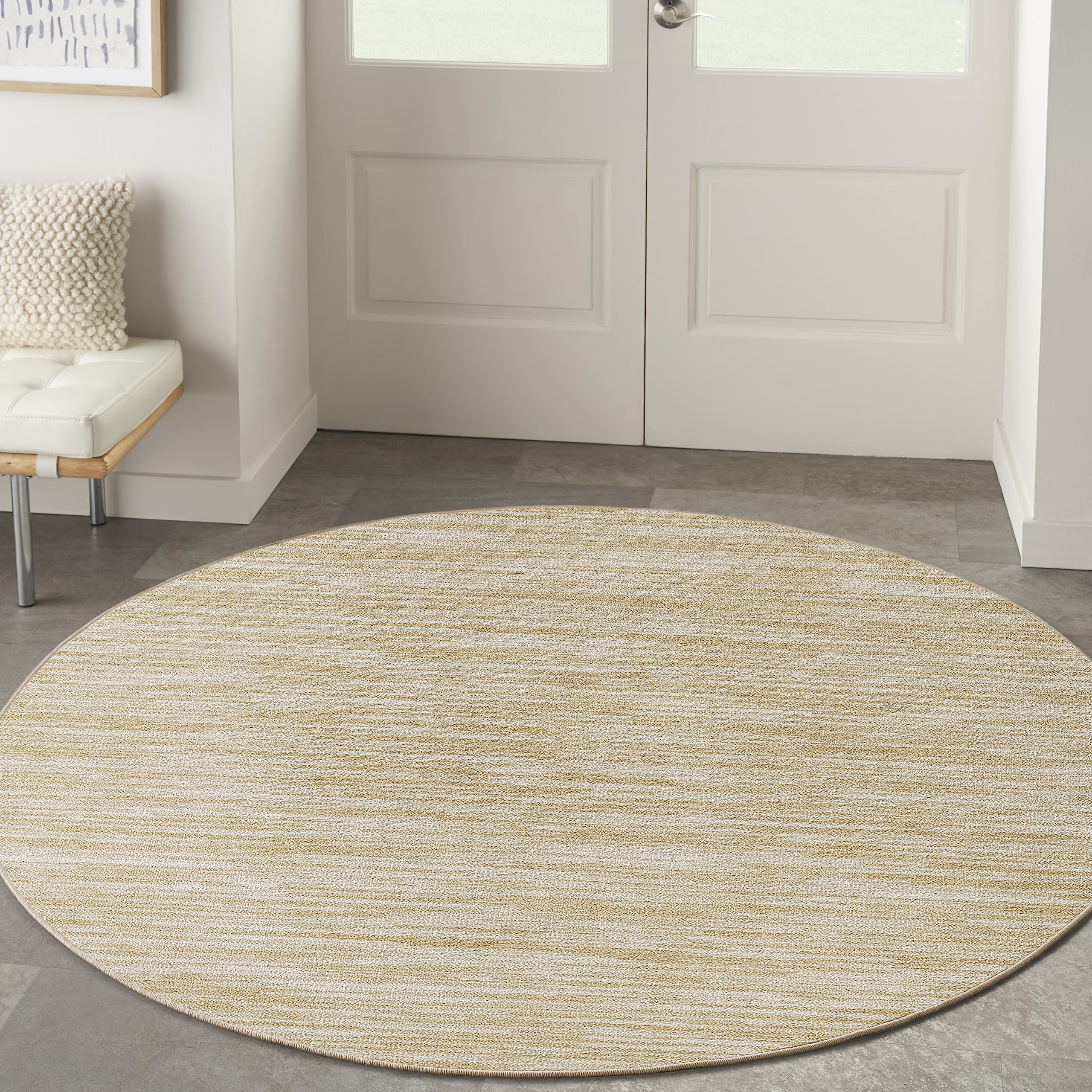 Nourison Essentials Indoor/Outdoor Ivory Gold 8' X Round Area Rug, Easy Cleaning, Non Shedding, Bed Room, Living Room, Dining Ro