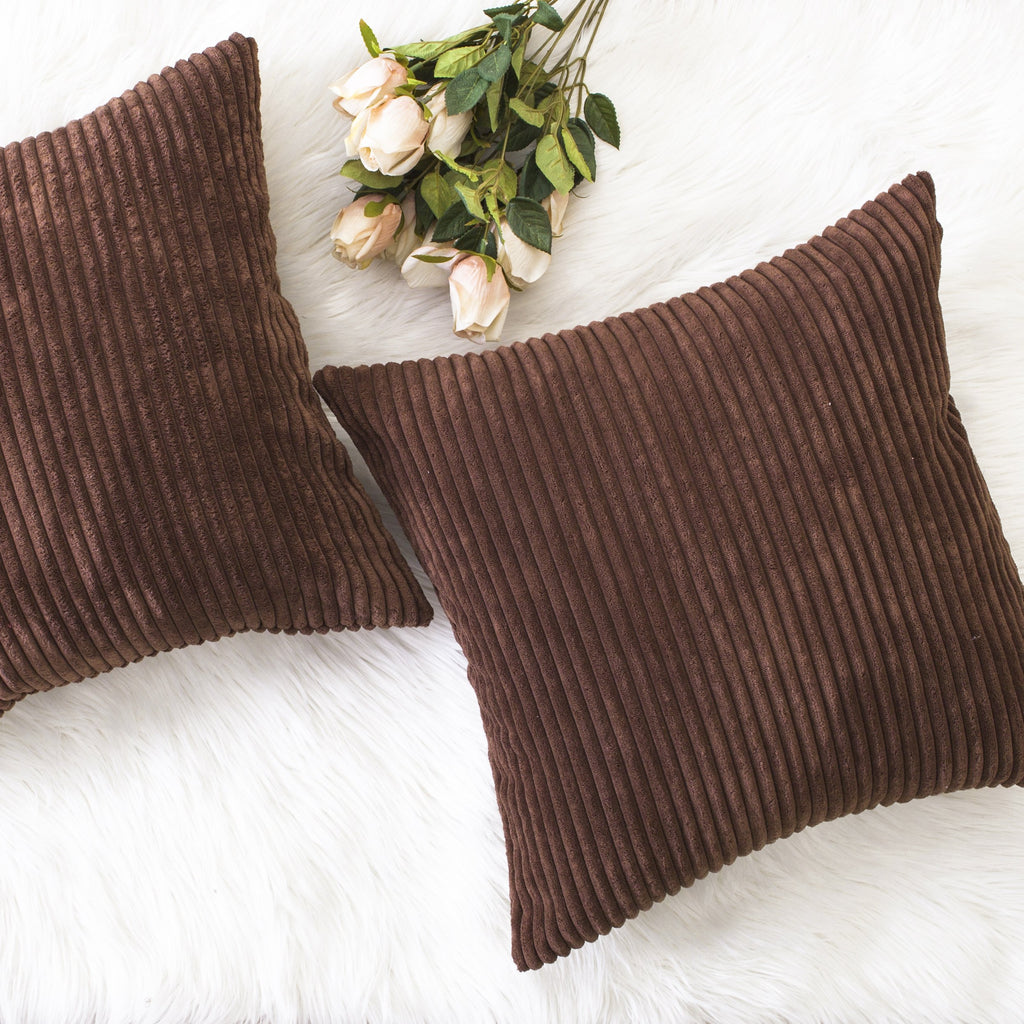 Home Brilliant Throw Pillow Covers 18X18 Set Of 2 Solid Plush Corduroy Striped Square Cushion Covers Bed Decor, 18X18 Inch, Brow