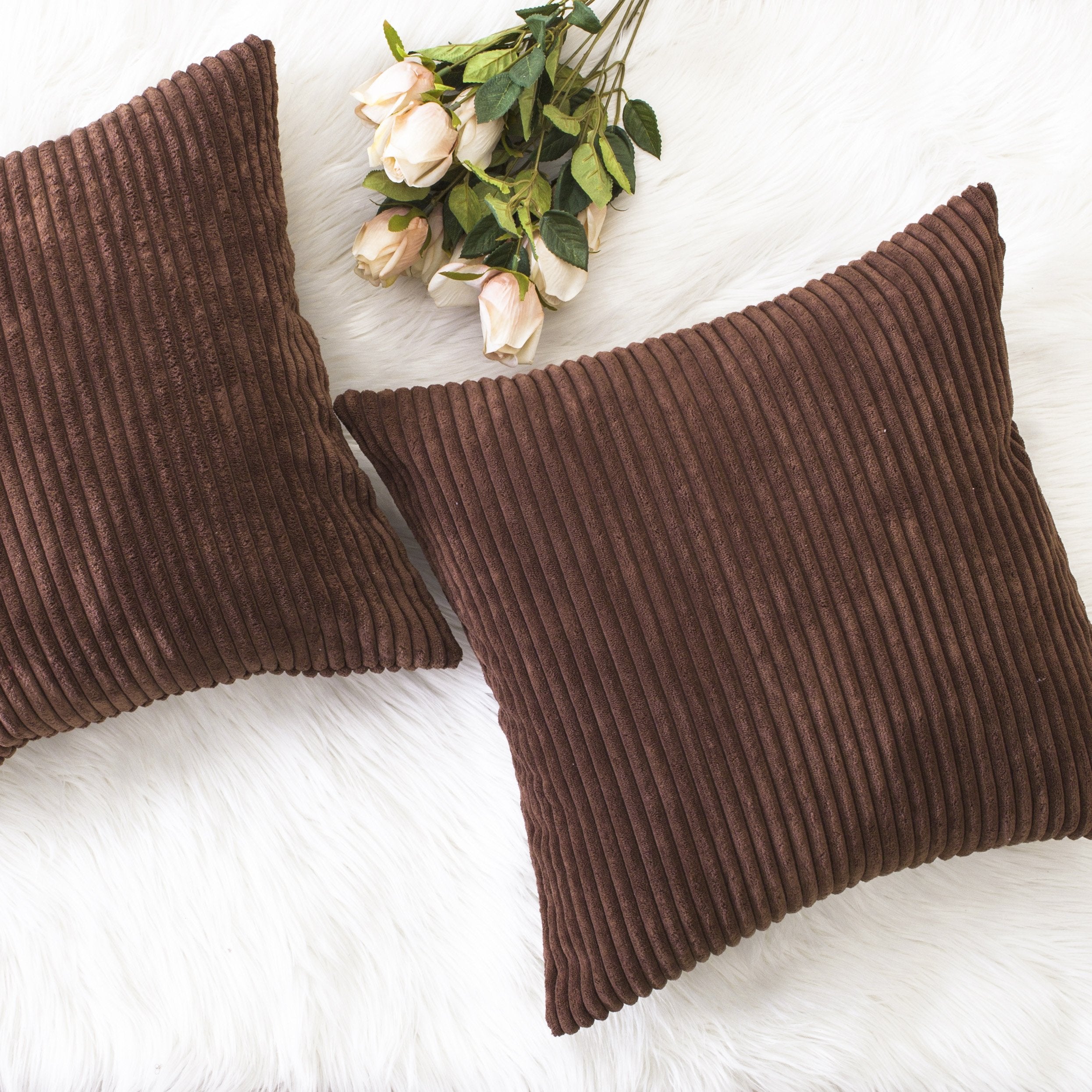Home Brilliant Throw Pillow Covers 18X18 Set Of 2 Solid Plush Corduroy Striped Square Cushion Covers Bed Decor, 18X18 Inch, Brow