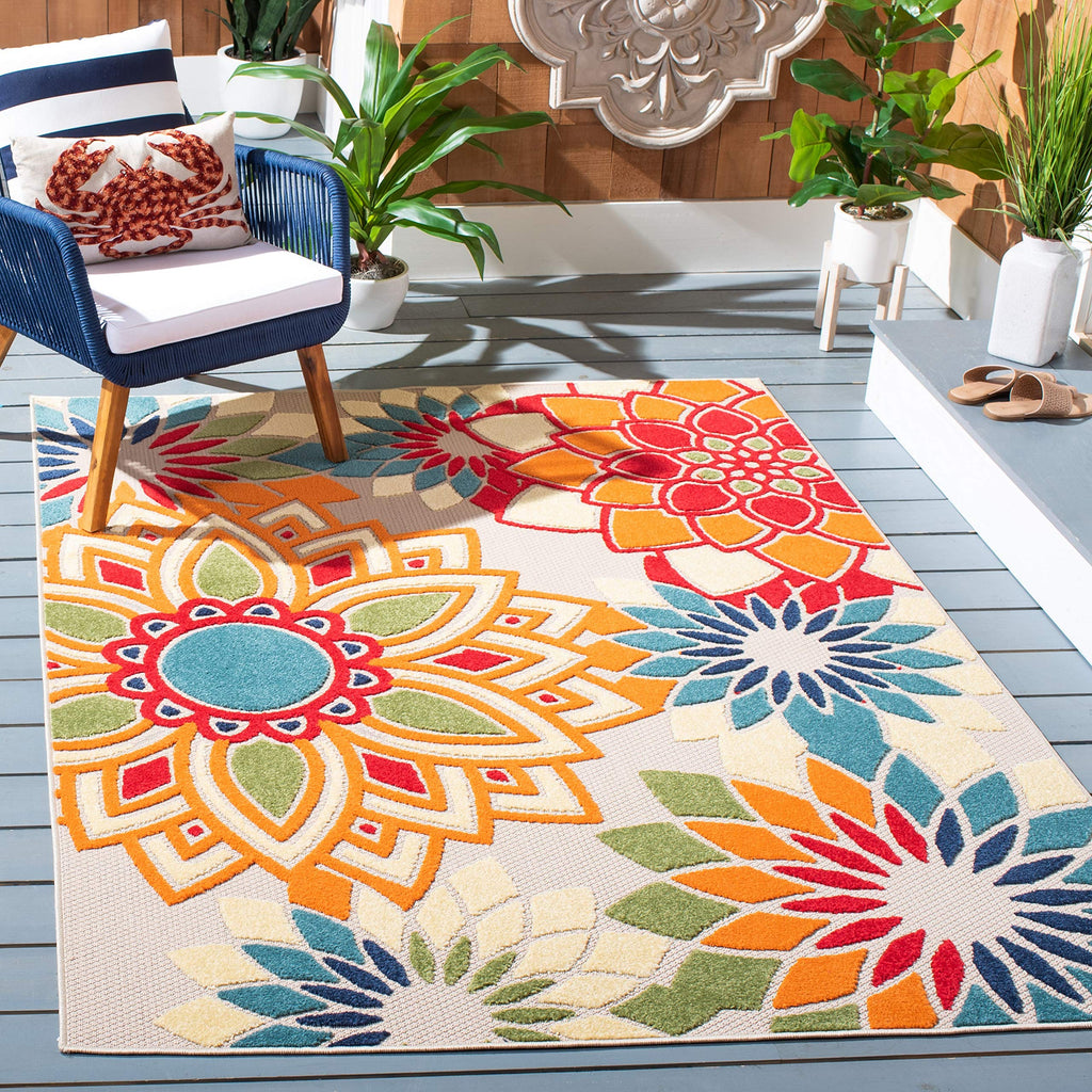 Safavieh Cabana Collection 6'7' Square Ivory / Orange Cbn328A Floral Indoor/ Outdoor Non-Shedding Easy Cleaning Patio Backyard