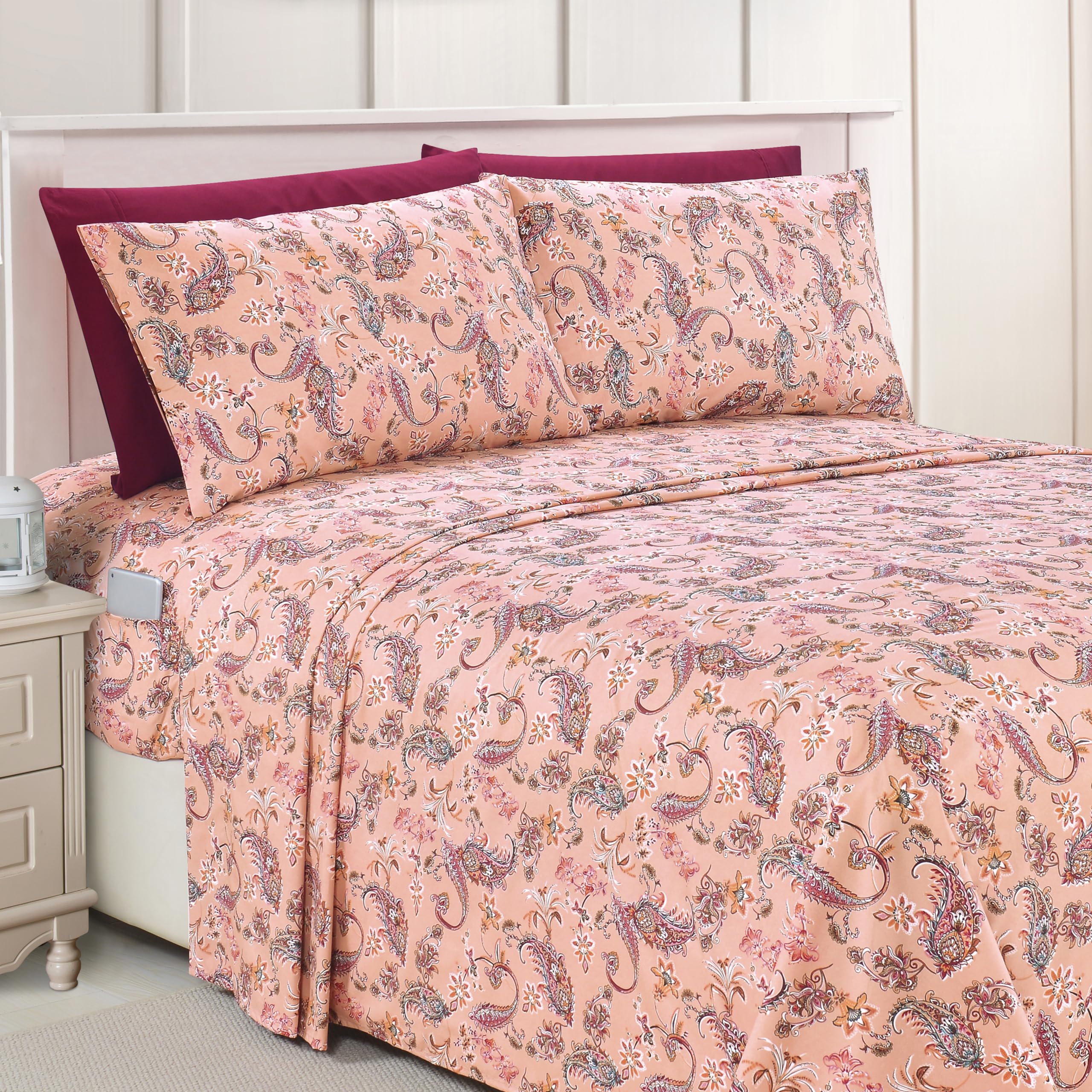 Elegant Comfort Luxury Soft Bed Sheets Paisley Pattern - 1500 Premium Hotel Quality Microfiber Softness Wrinkle And Fade Resistant (6-Piece) Bedding Set, Queen, Paisley Coral