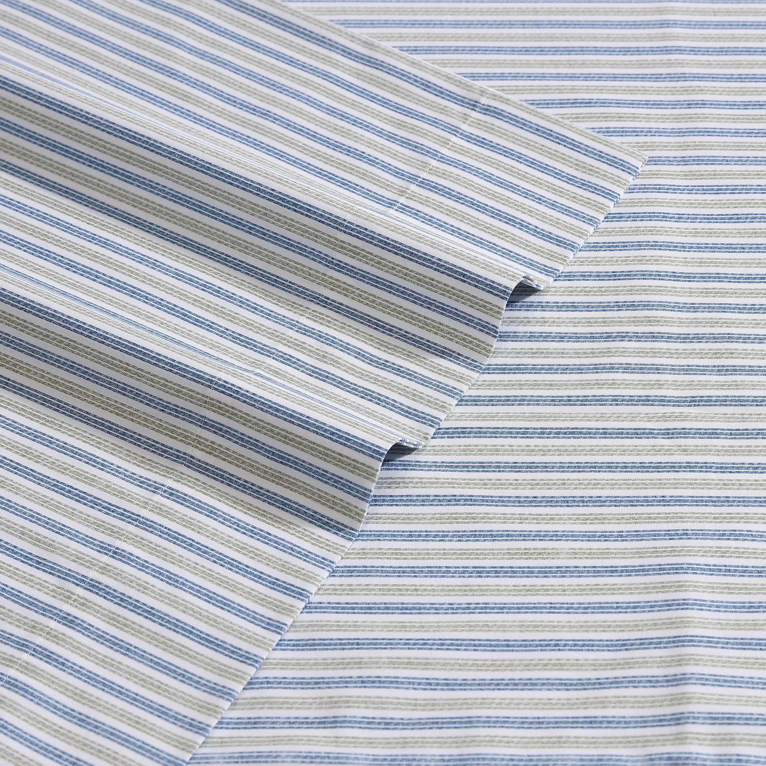 Eddie Bauer - Full Sheets, Cotton Percale Bedding Set, Crisp & Cool Home Decor (Ticking Stripe Navy/Green, Full)