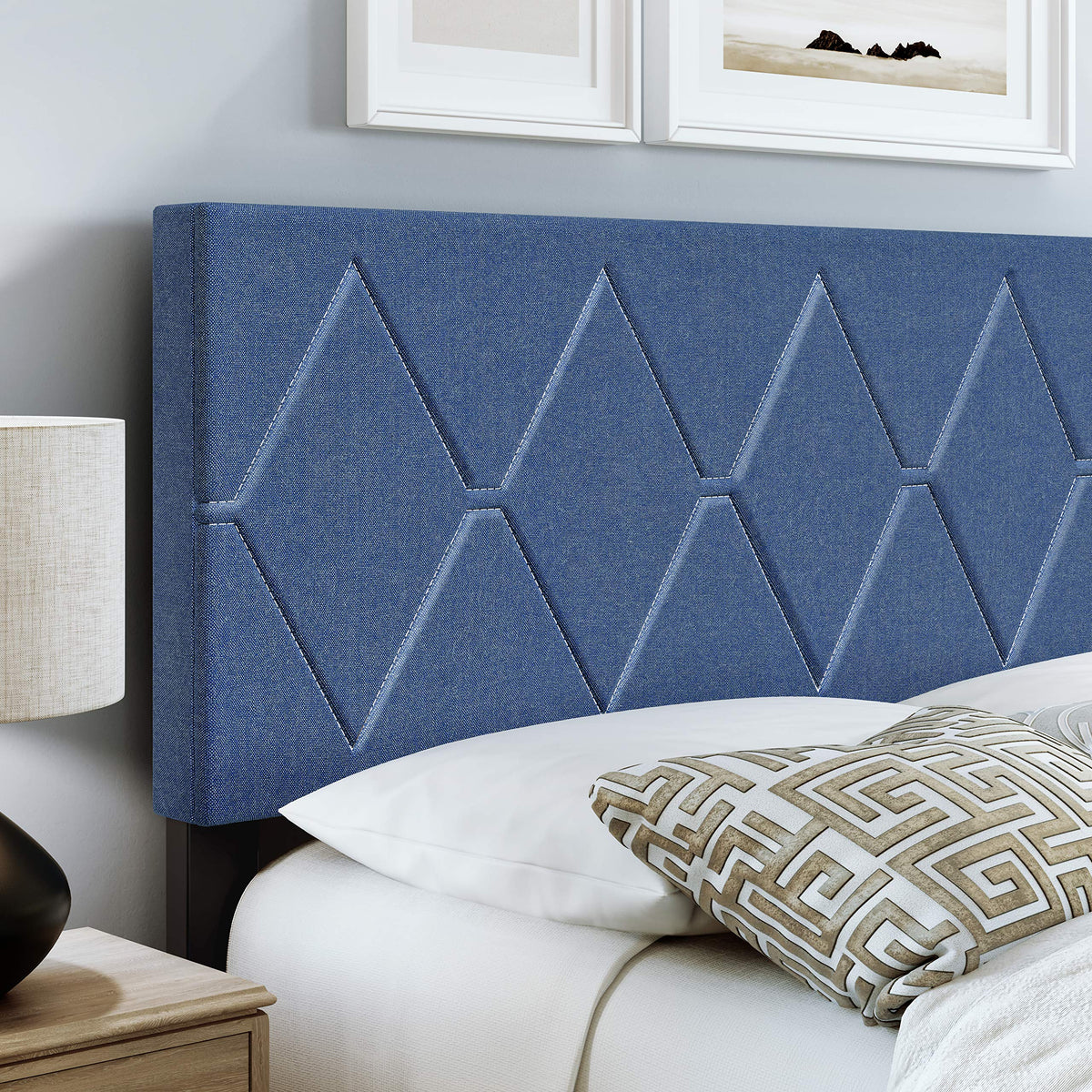Boyd Sleep Diamond Upholstered Platform Bed with Headboard and Durable Mattress Foundation with Strong 4 Wood Slat Supports, Box Spring Required: King, Blue