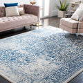 SAFAVIEH Evoke Collection Area Rug - 67 Square, Ivory & Navy, Oriental Distressed Design, Non-Shedding & Easy Care, Ideal for H