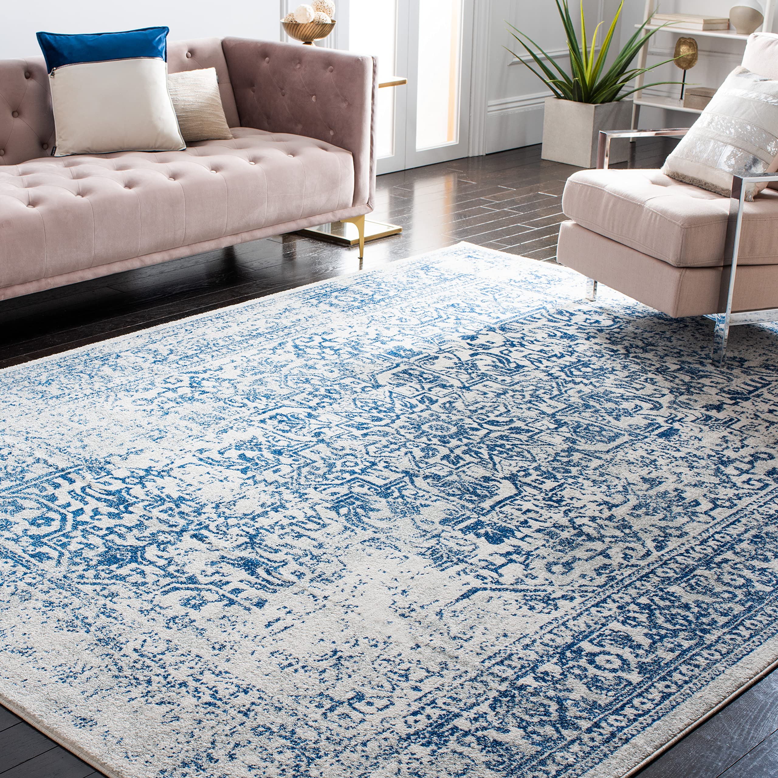 SAFAVIEH Evoke Collection Area Rug - 67 Square, Ivory & Navy, Oriental Distressed Design, Non-Shedding & Easy Care, Ideal for H