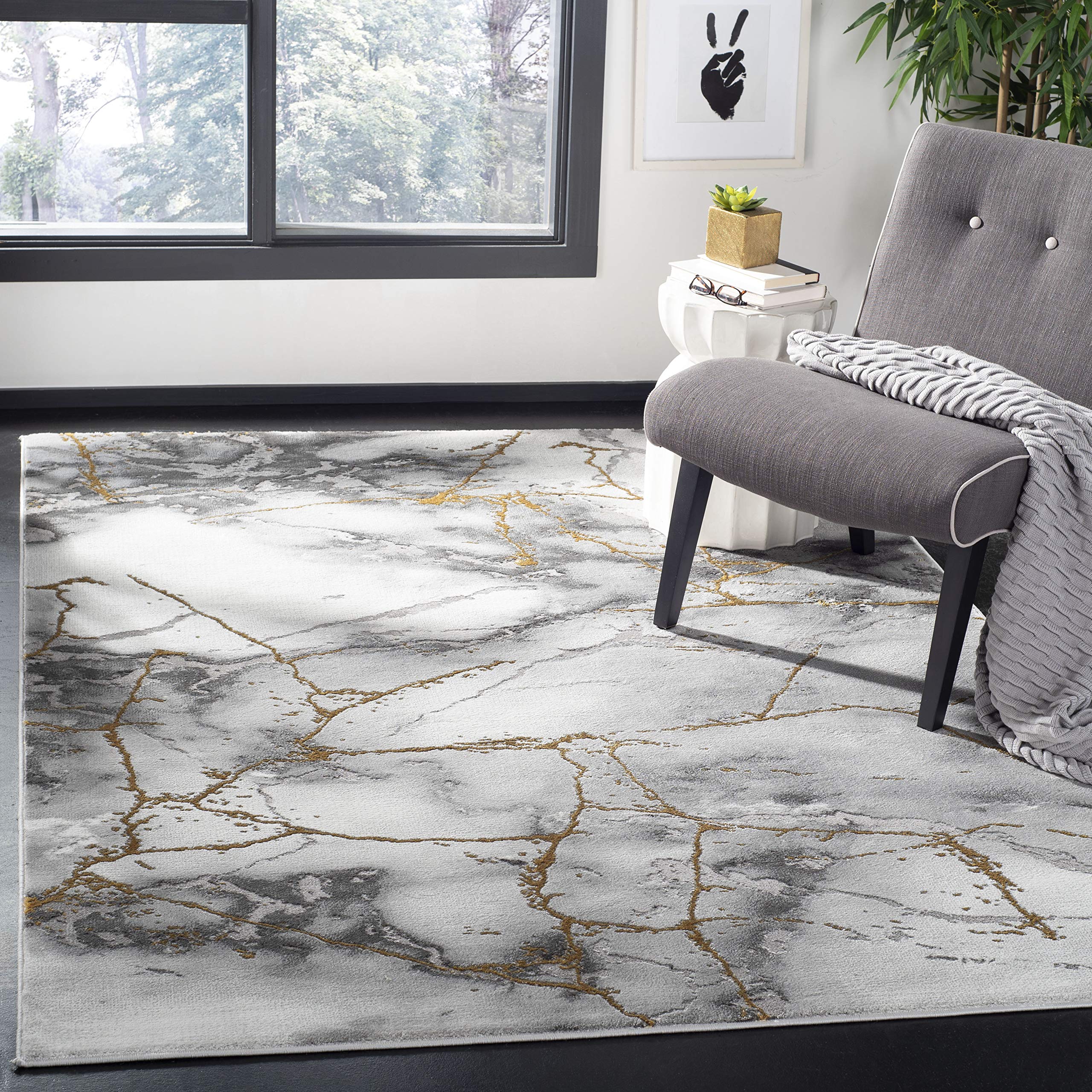 SAFAVIEH Craft Collection Area Rug - 4 Square, Grey & Gold, Modern Abstract Design, Non-Shedding & Easy Care, Ideal for High Tr