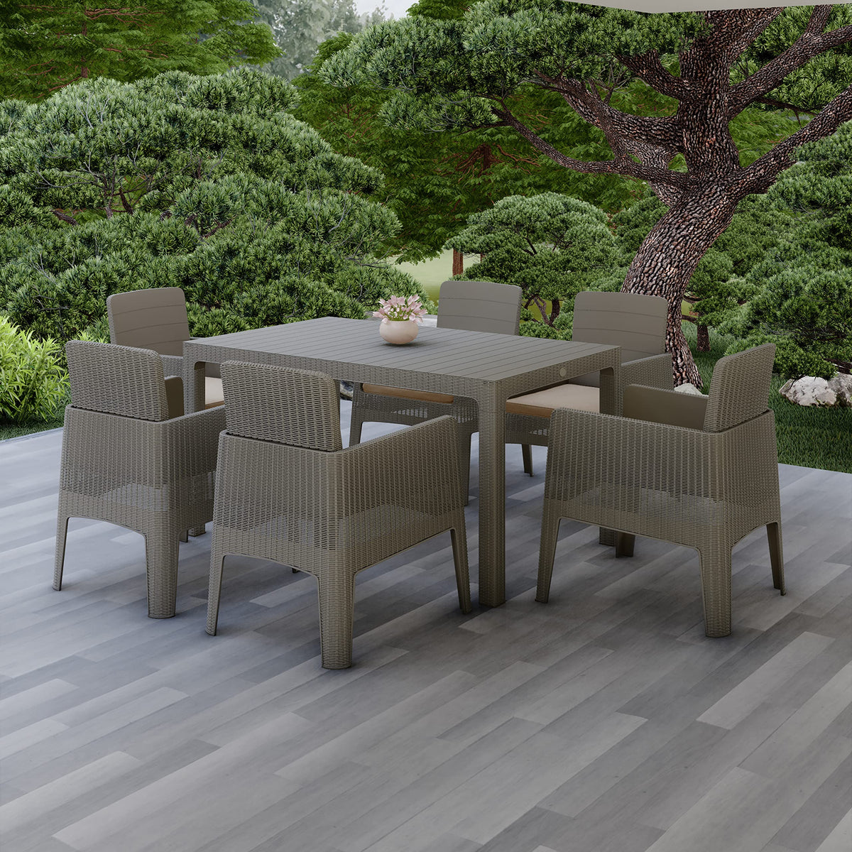 Dukap Lucca 7 Piece Patio Dining Set With Umbrella Hole, Outdoor Conversation Seats With All Weather Faux Rattan And Water Resistance | Grey
