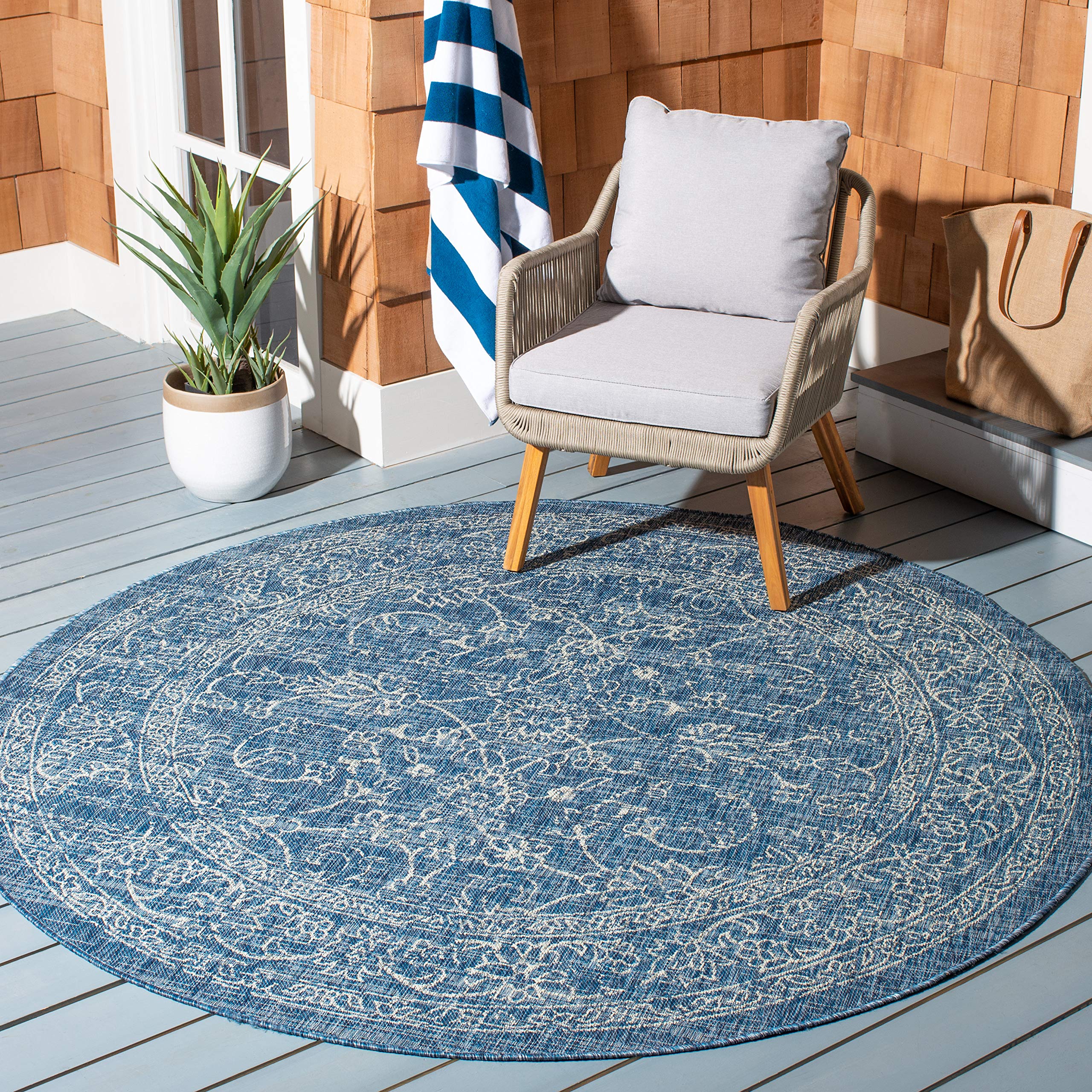 Safavieh Courtyard Collection 7'10' X 7'10' Round Navy/Ivory Cy8680 Indoor/ Outdoor Patio Backyard Mudroom Area Rug