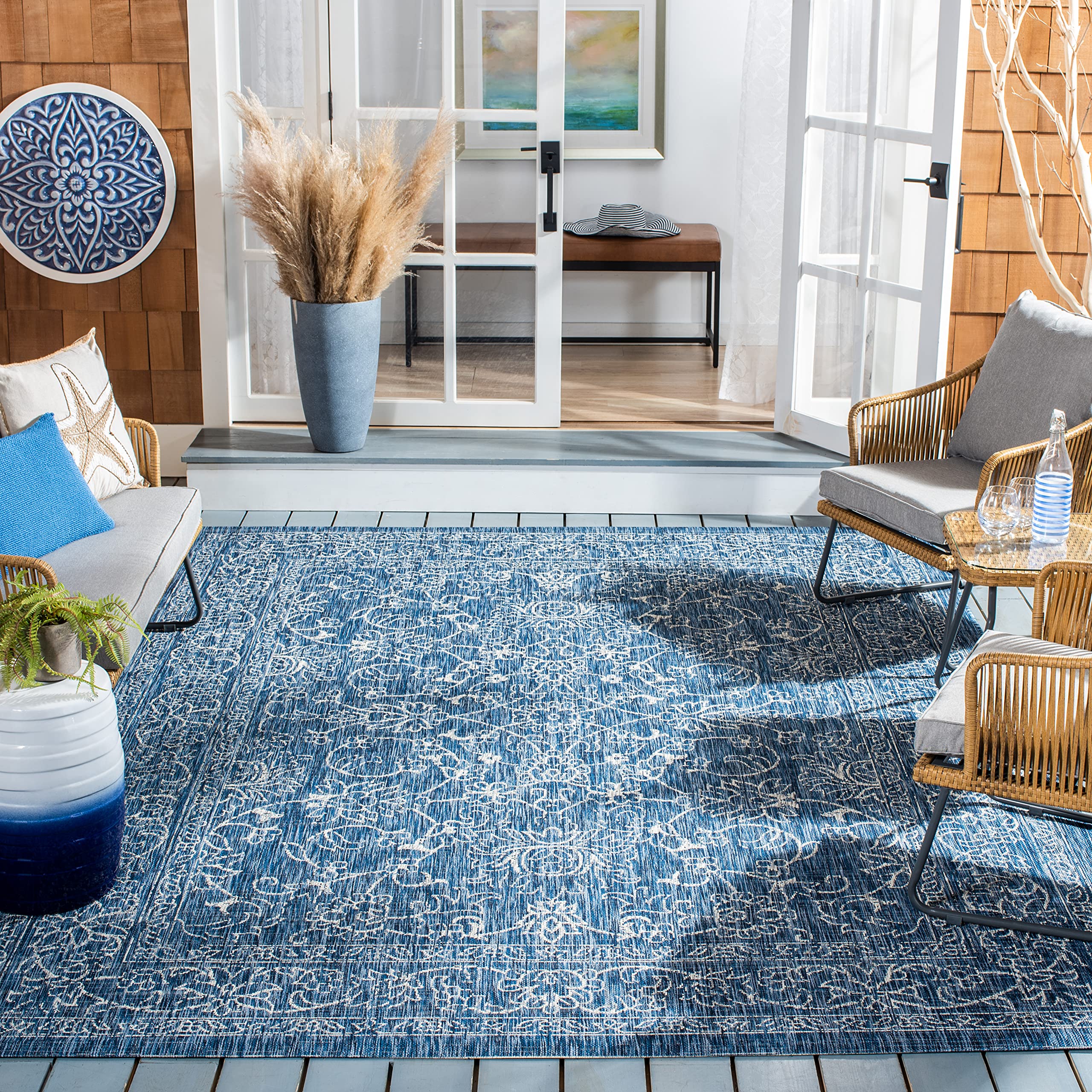 Safavieh Courtyard Collection Area Rug - 8' X 10', Navy & Ivory, Non-Shedding & Easy Care, Indoor/Outdoor & Washable-Ideal For P