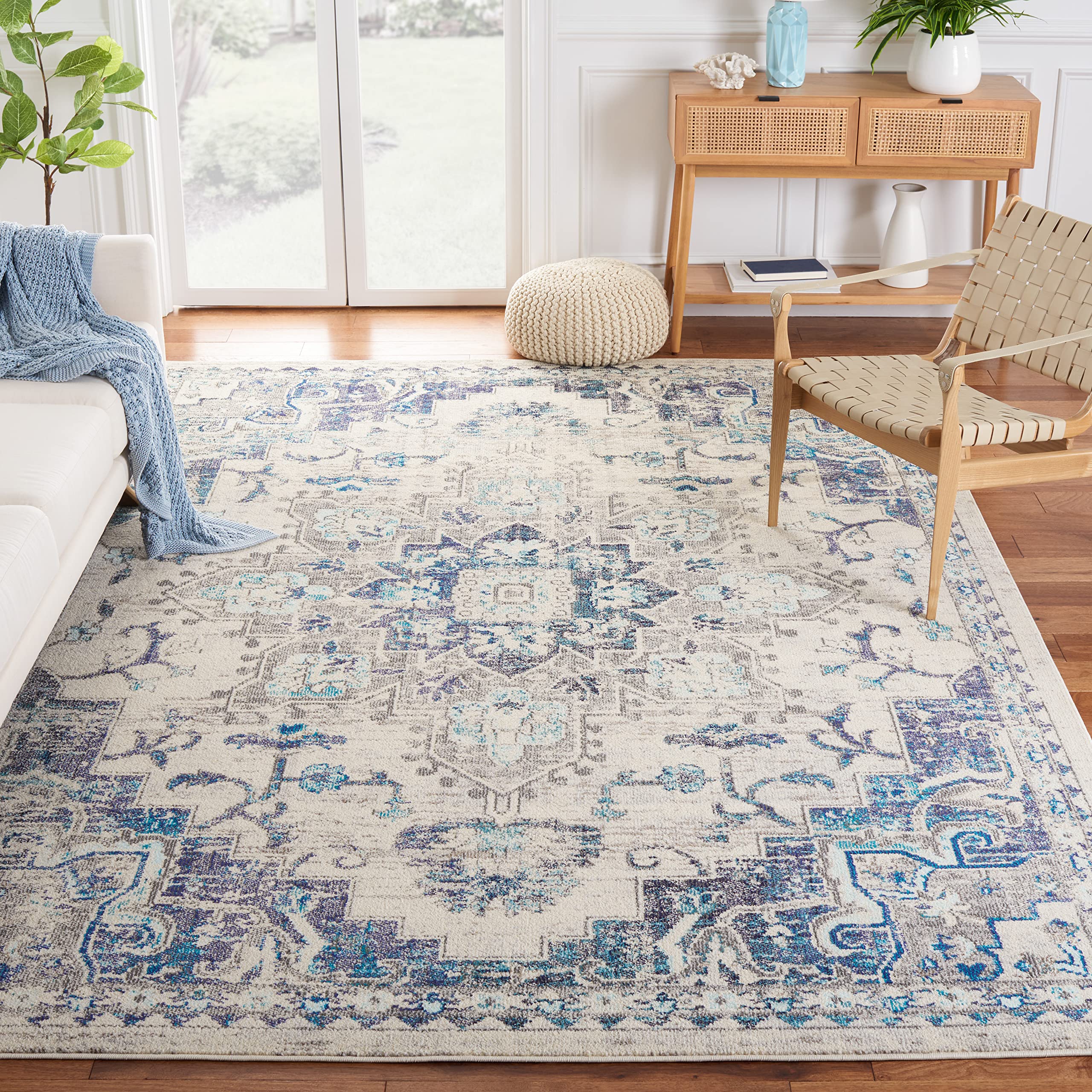 SAFAVIEH Madison Collection Area Rug - 6 x 9, Ivory & Grey, Boho Chic Medallion Distressed Design, Non-Shedding & Easy Care, I