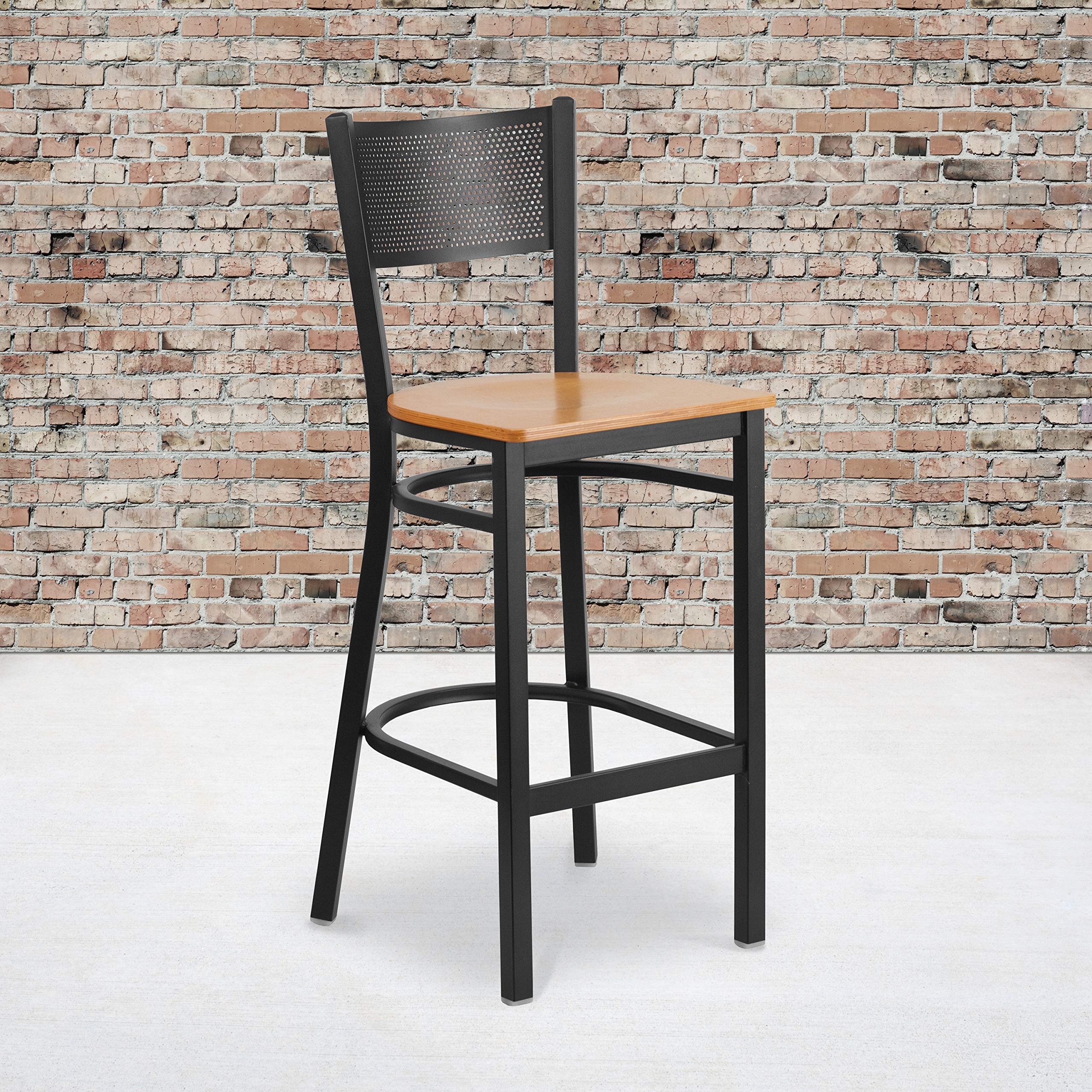 2 Pk. Black Grid Back Metal Restaurant Barstool - Natural Wood Seat