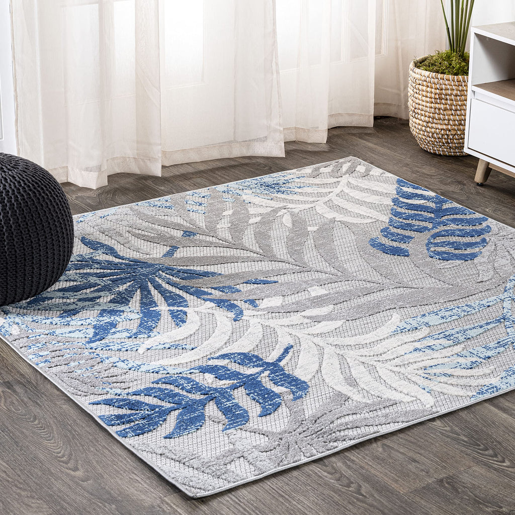 Jonathan Y Amc100A-5Sq Tropics Palm Leaves Indoor Outdoor Area-Rug Bohemian Floral Easy-Cleaning High Traffic Bedroom Kitchen Backyard Patio Porch Non Shedding, 5 Ft Square, Gray/Blue