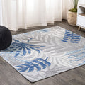 Jonathan Y Amc100A-5Sq Tropics Palm Leaves Indoor Outdoor Area-Rug Bohemian Floral Easy-Cleaning High Traffic Bedroom Kitchen Backyard Patio Porch Non Shedding, 5 Ft Square, Gray/Blue