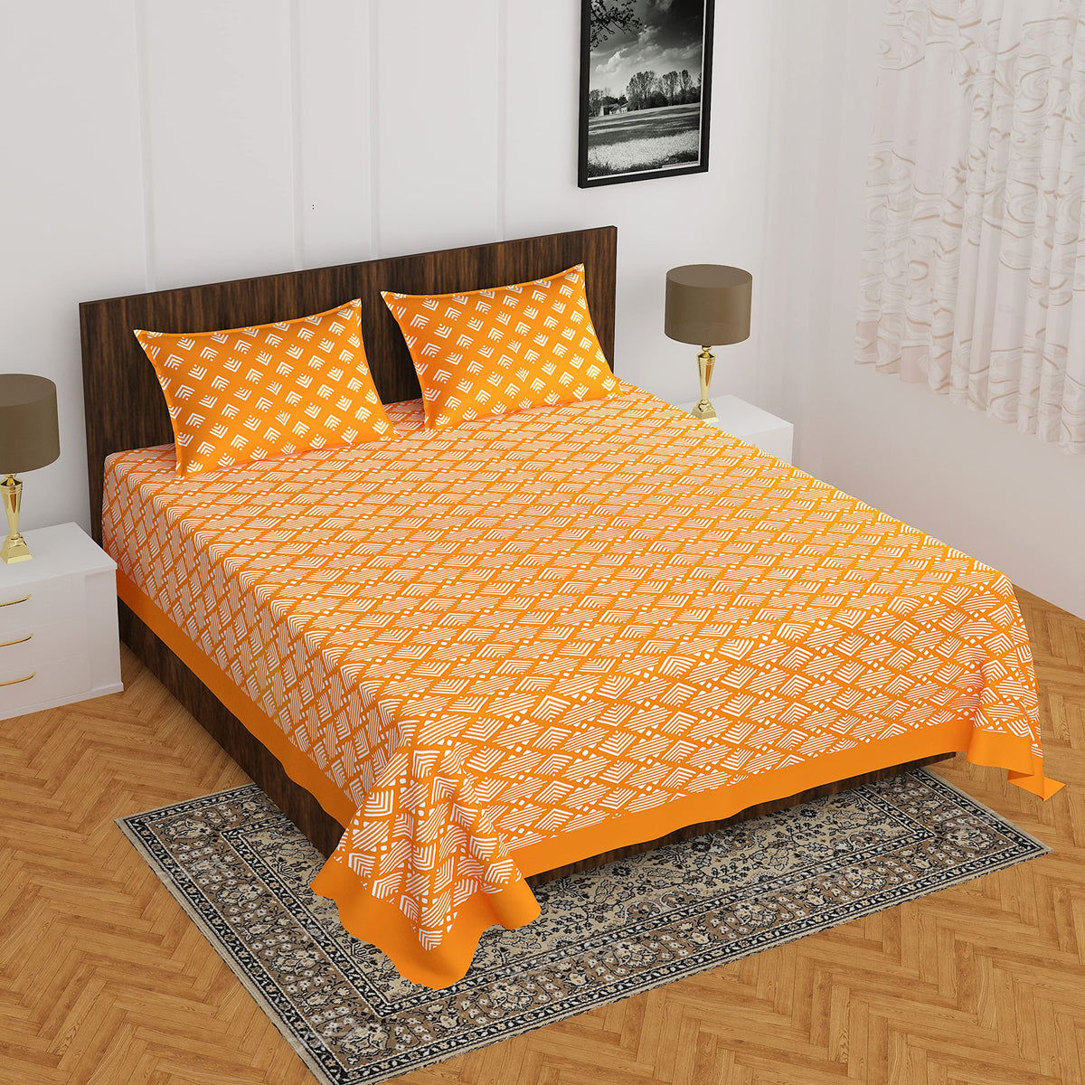 Home@shop 100% Puri Cotton Rajasthani Jaipuri Traditional Double Paisley Bedsheet with 2 Pillow Covers (King Size, Yellow)