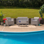 Flash Furniture Seneca 4 Piece Outdoor Faux Rattan Chair, Loveseat And Table Set In Seneca Light Gray