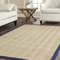 SAFAVIEH Natural Fiber Collection Area Rug - 9 x 12, Natural & Blue, Border Herringbone Seagrass Design, Easy Care, Ideal for 