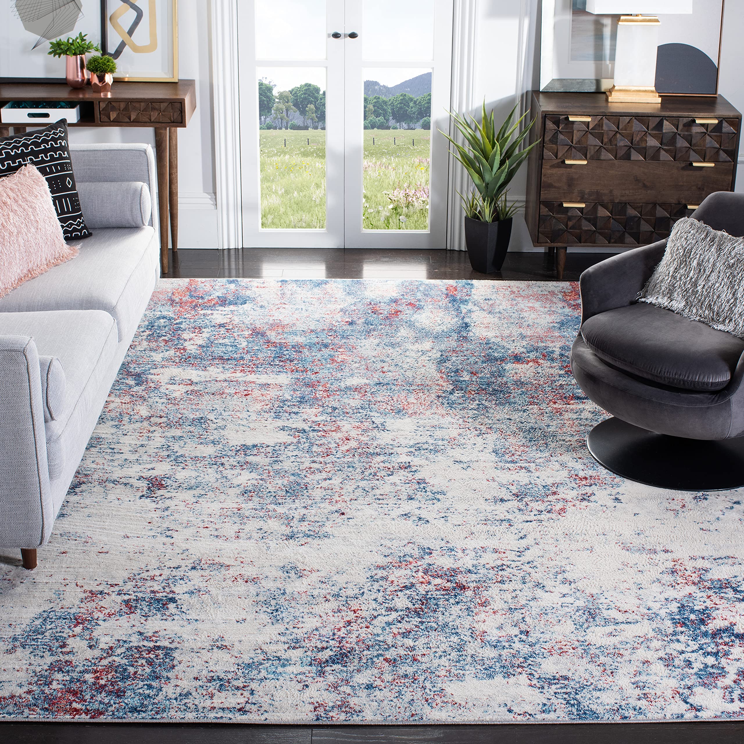 SAFAVIEH Brentwood Collection 5 Square Navy/Red BNT822N Modern Abstract Non-Shedding Living Room Bedroom Area Rug