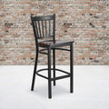 2 Pk. Black Vertical Back Metal Restaurant Barstool - Walnut Wood Seat