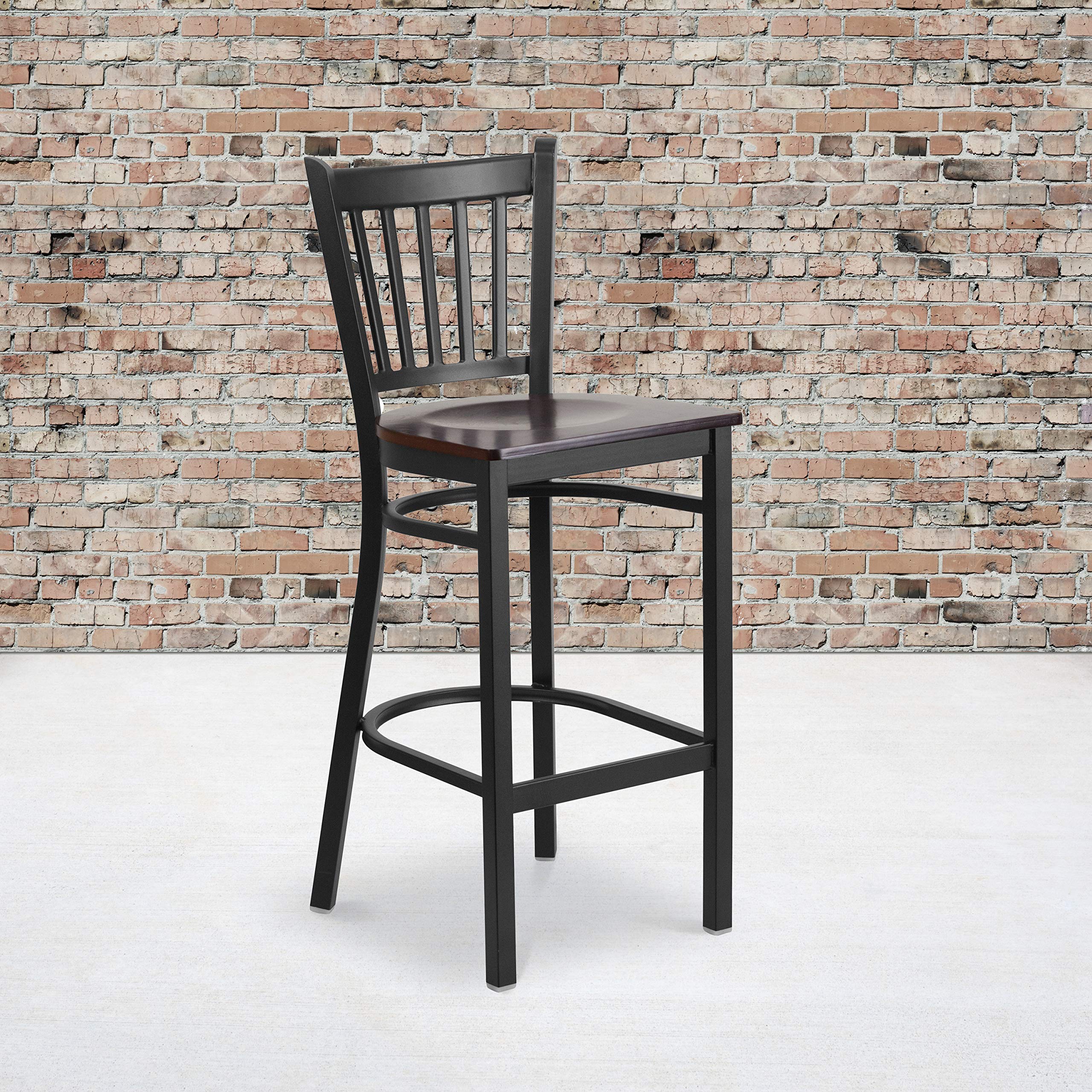 2 Pk. Black Vertical Back Metal Restaurant Barstool - Walnut Wood Seat