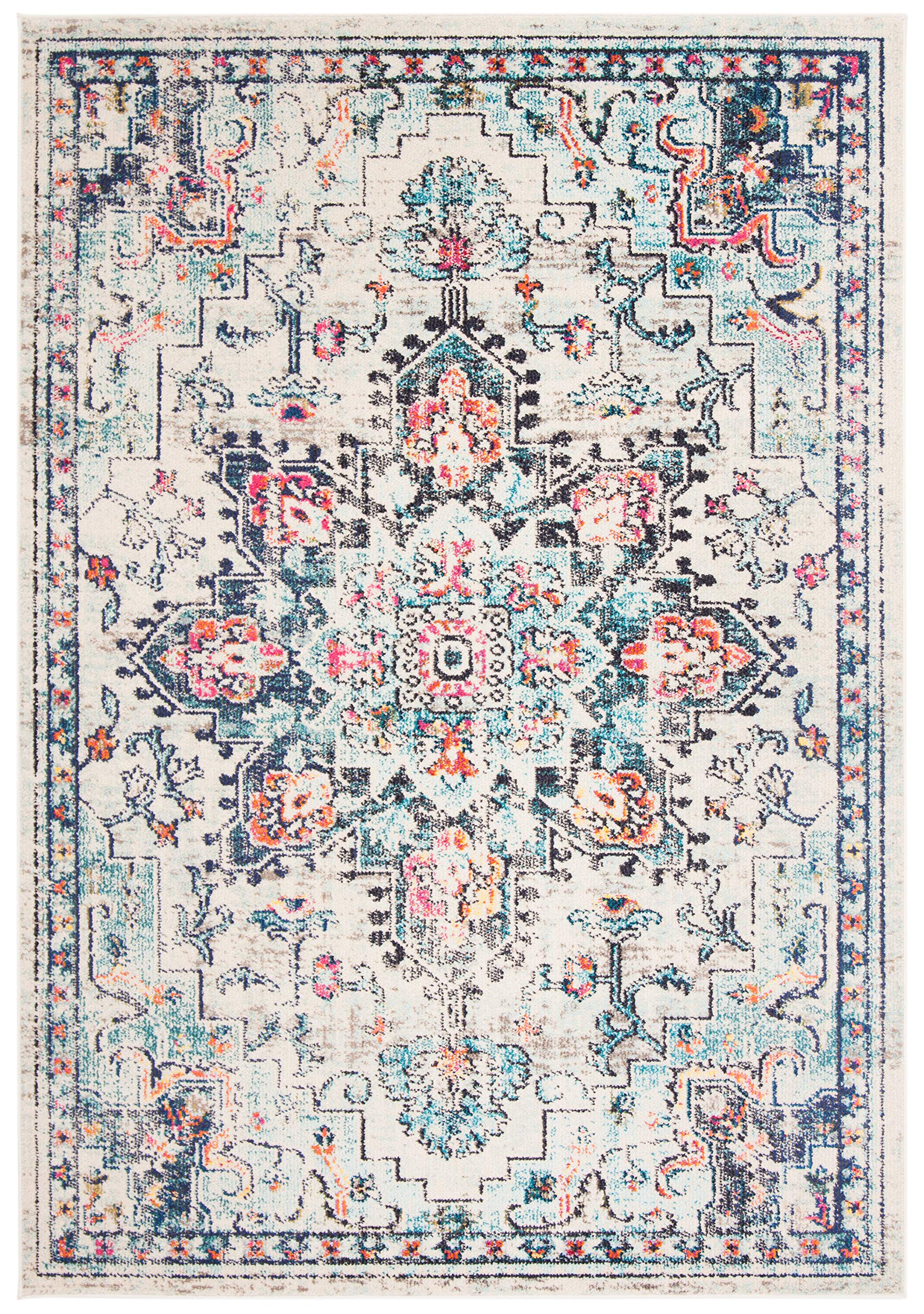 SAFAVIEH Madison Collection Accent Rug - 2 x 3, Cream & Blue, Medallion Distressed Design, Non-Shedding & Easy Care, Ideal for