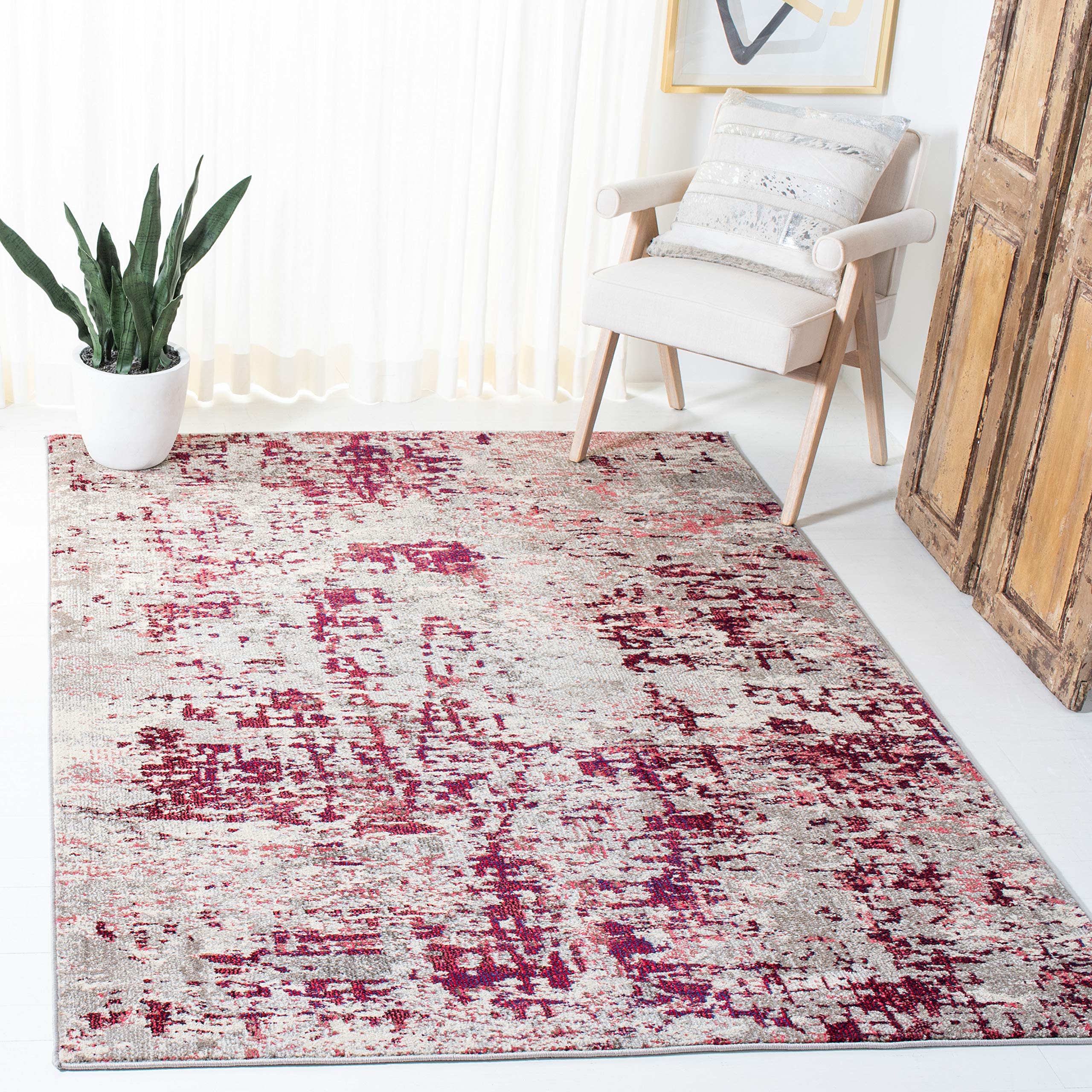 SAFAVIEH Madison Collection 4 x 6 BeigeWine MAD471C Modern Abstract Non-Shedding Living Room Bedroom Area Rug