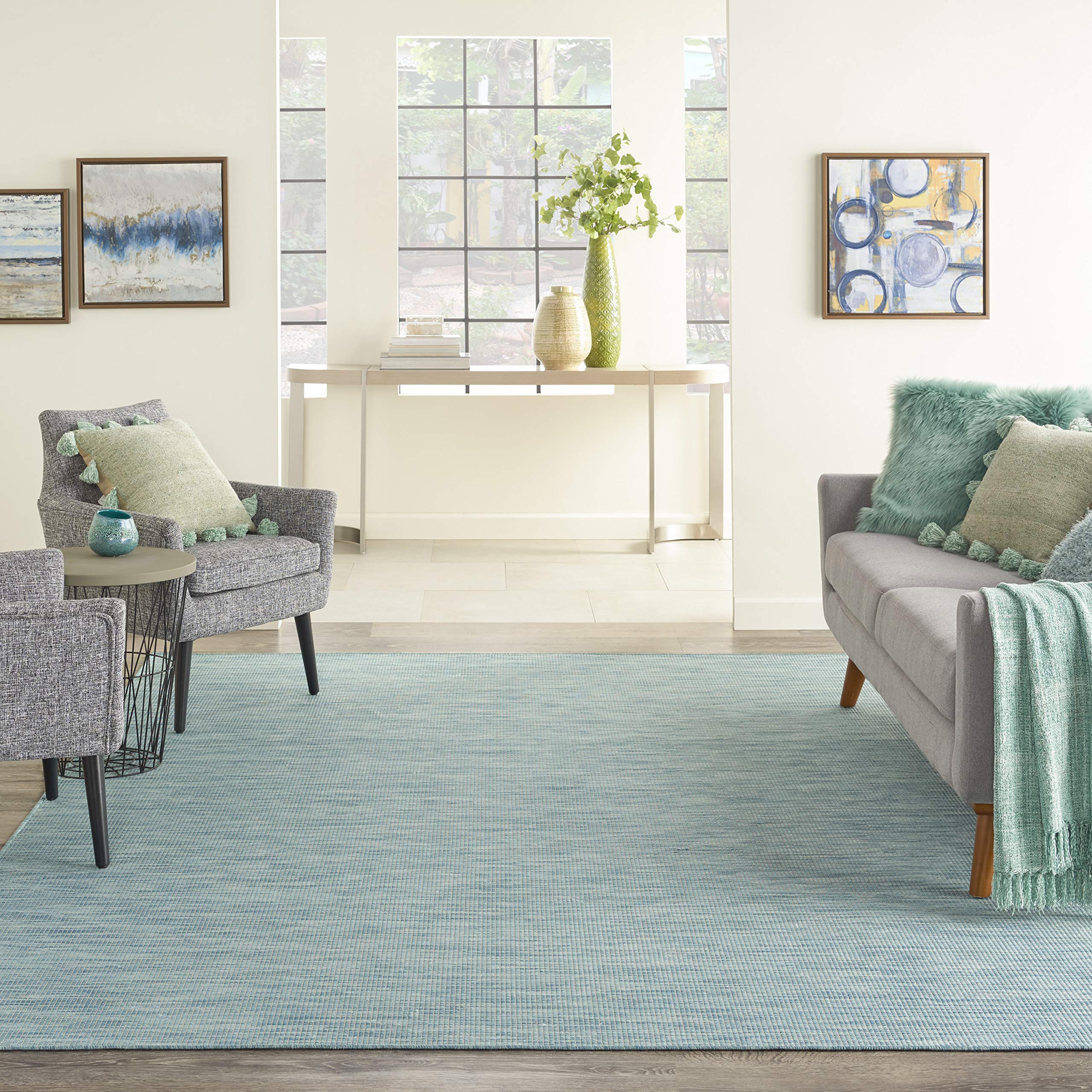 Nourison Positano Indoor/Outdoor Aqua 2'2' X 8' Area Rug, Easy Cleaning, Non Shedding, Bed Room, Living Room, Dining Room, Back