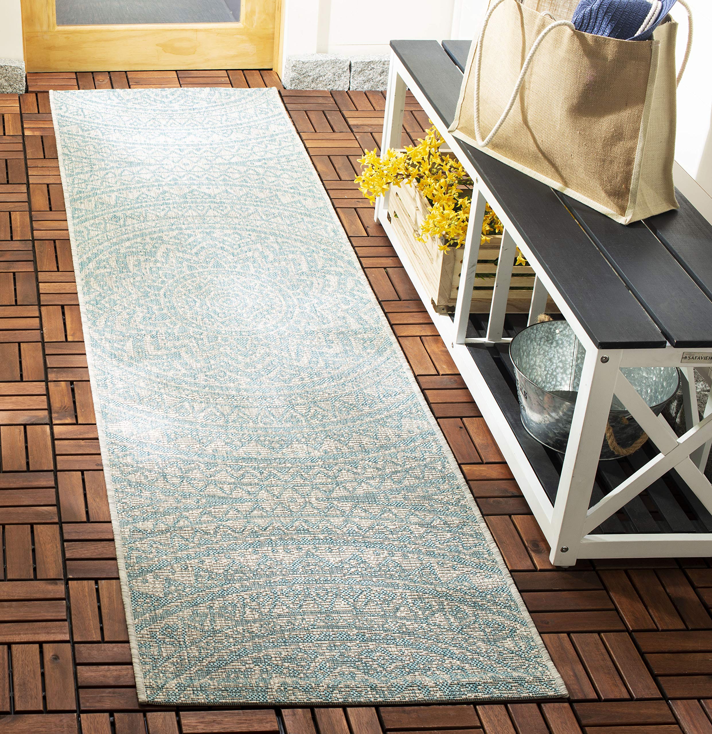 Safavieh Courtyard Collection 2'3' X 12' Light Grey / Aqua Cy8734 Indoor/ Outdoor Waterproof Easy Cleaning Patio Backyard Mudroom Runner Rug