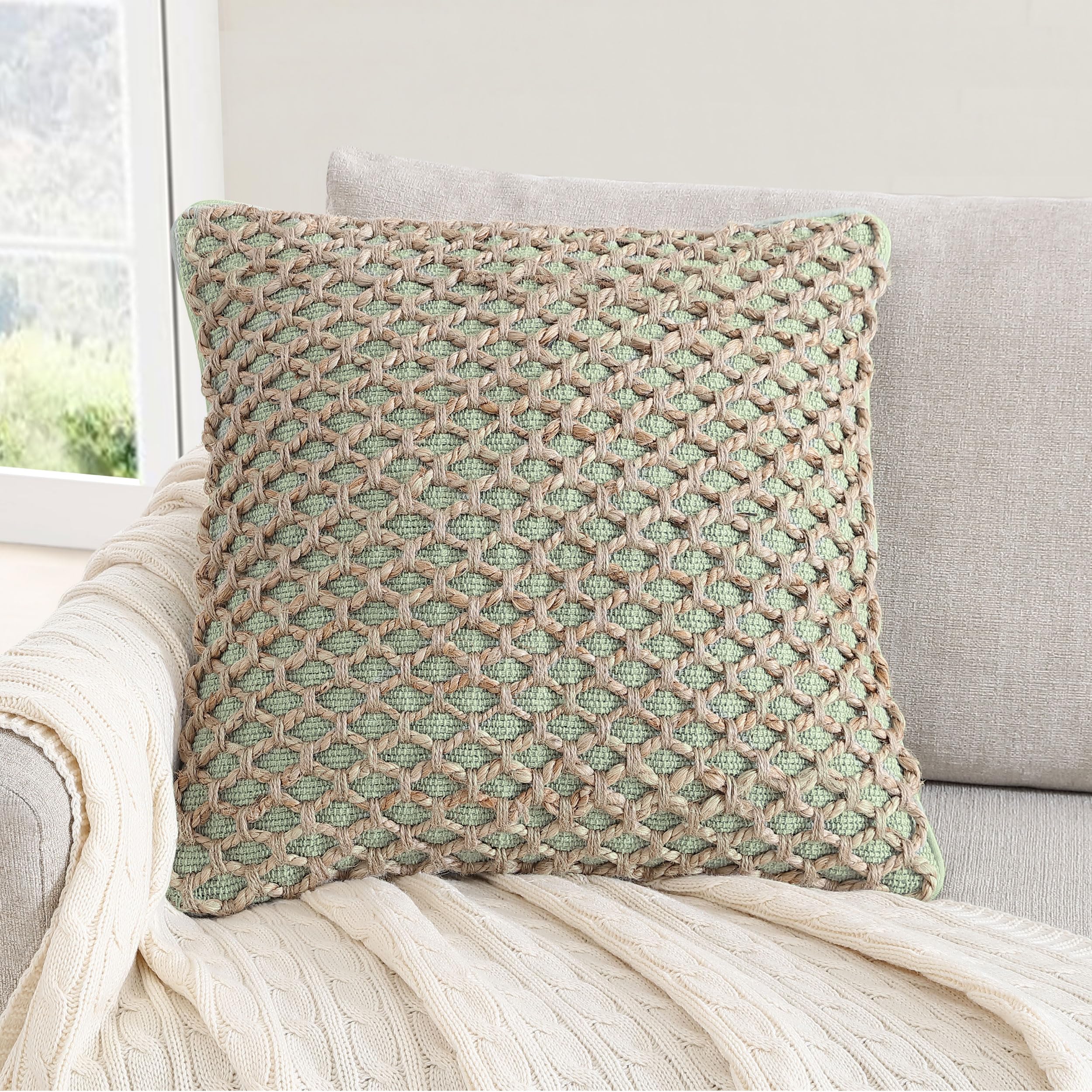 Boho Living Jada Premium Woven Design, Living Room D  Cor, Decorative Throw, (1) 18' X 18' Pillow Cover With Insert, Sage Gree