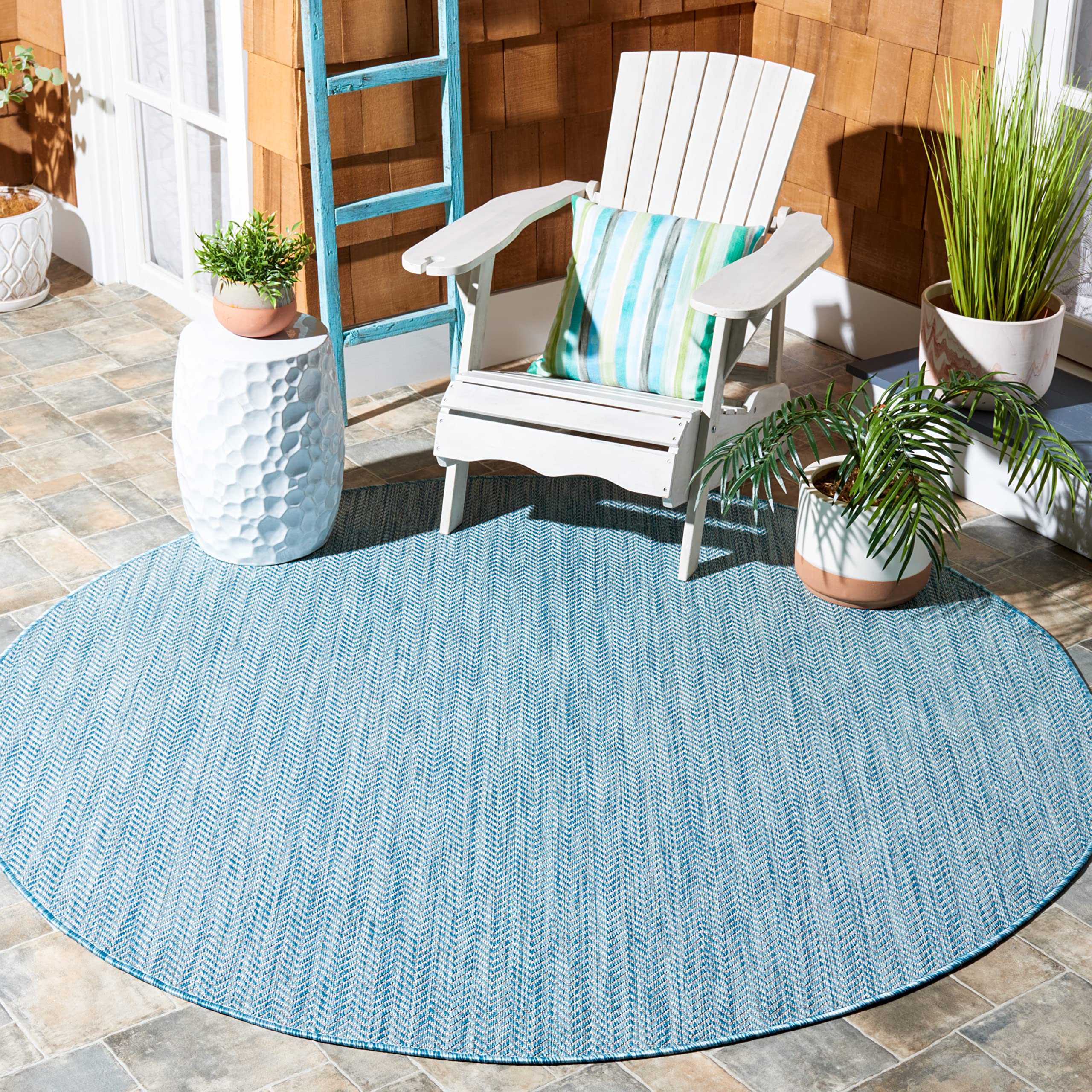 SAFAVIEH Courtyard Collection 7 Feet 10 Inches x 7 Feet 10 Inches Round Aqua/Grey CY8022 Indoor/ Outdoor Waterproof Easy Cleanin