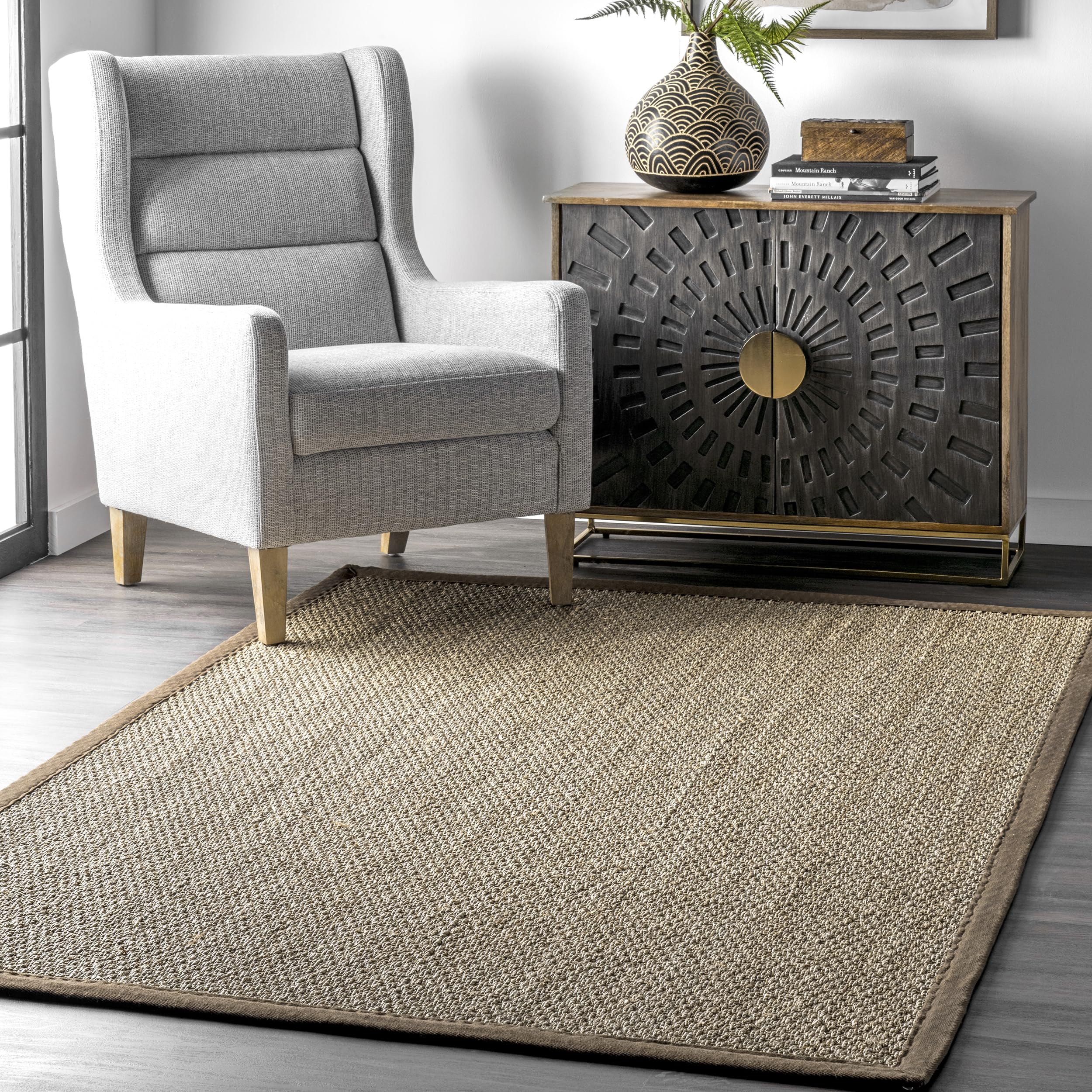 nuLOOM 3x5 Elijah Seagrass Area Rug, Brown, Solid Farmhouse Style, Cotton Bordered, Basketweave, Natural Fiber, For Bedroom, Din