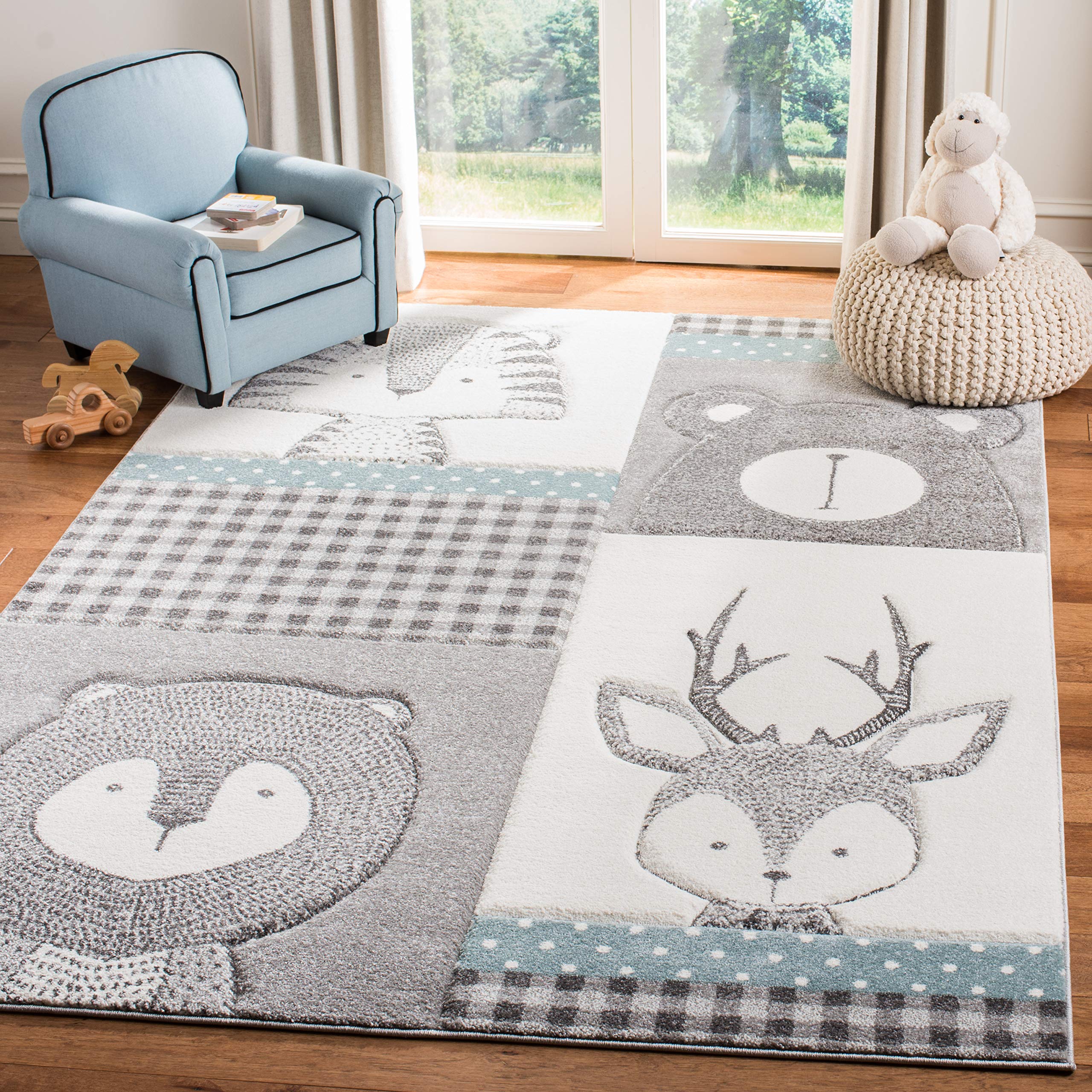 SAFAVIEH Carousel Kids Collection Accent Rug - 4 x 6, Grey & Ivory, Animal Design, Non-Shedding & Easy Care, Ideal for High Tr