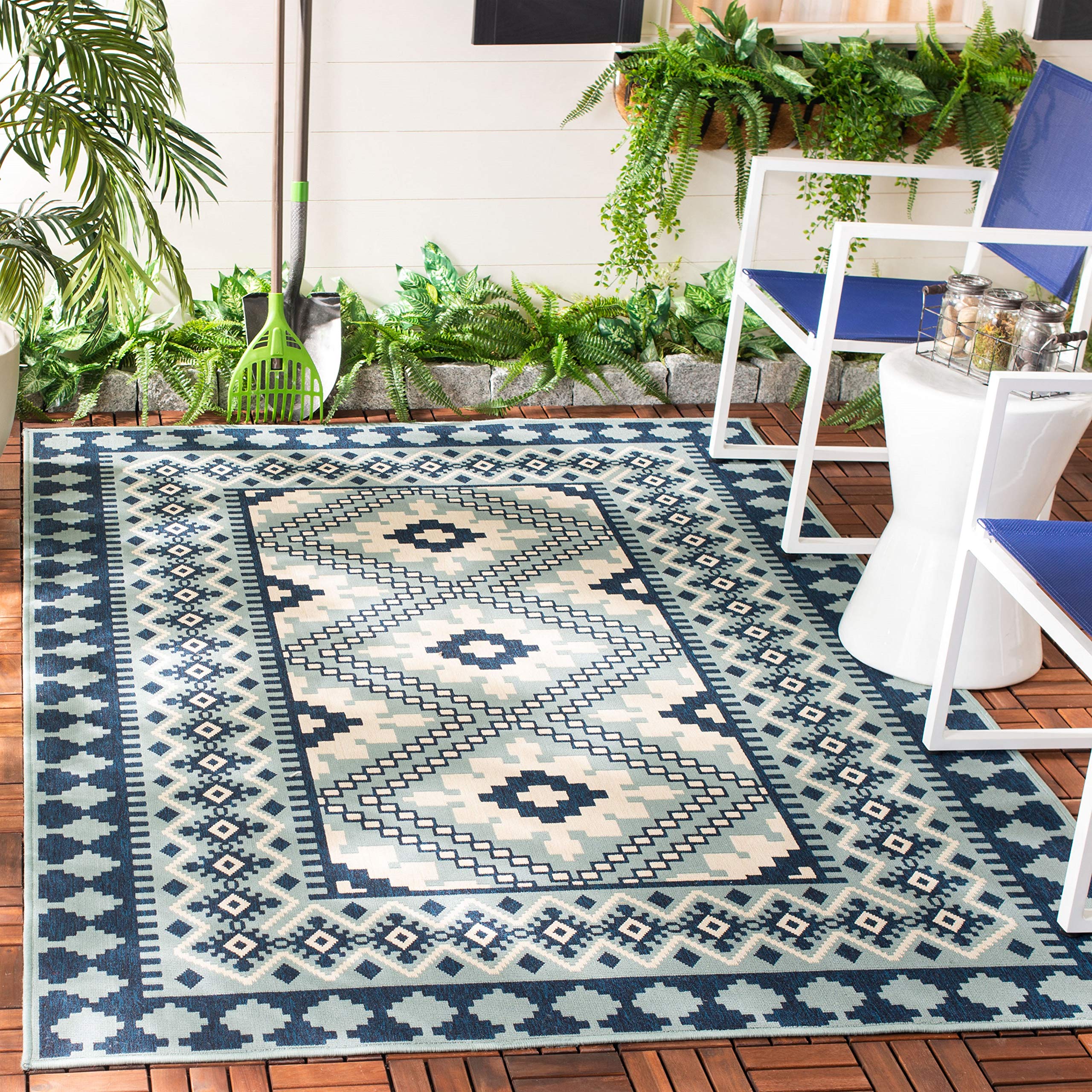 Safavieh Veranda Collection 2'7' X 5' Ivory/Blue Ver099 Boho Indoor/ Outdoor Non-Shedding Easy--Cleaning Patio Backyard Porch D