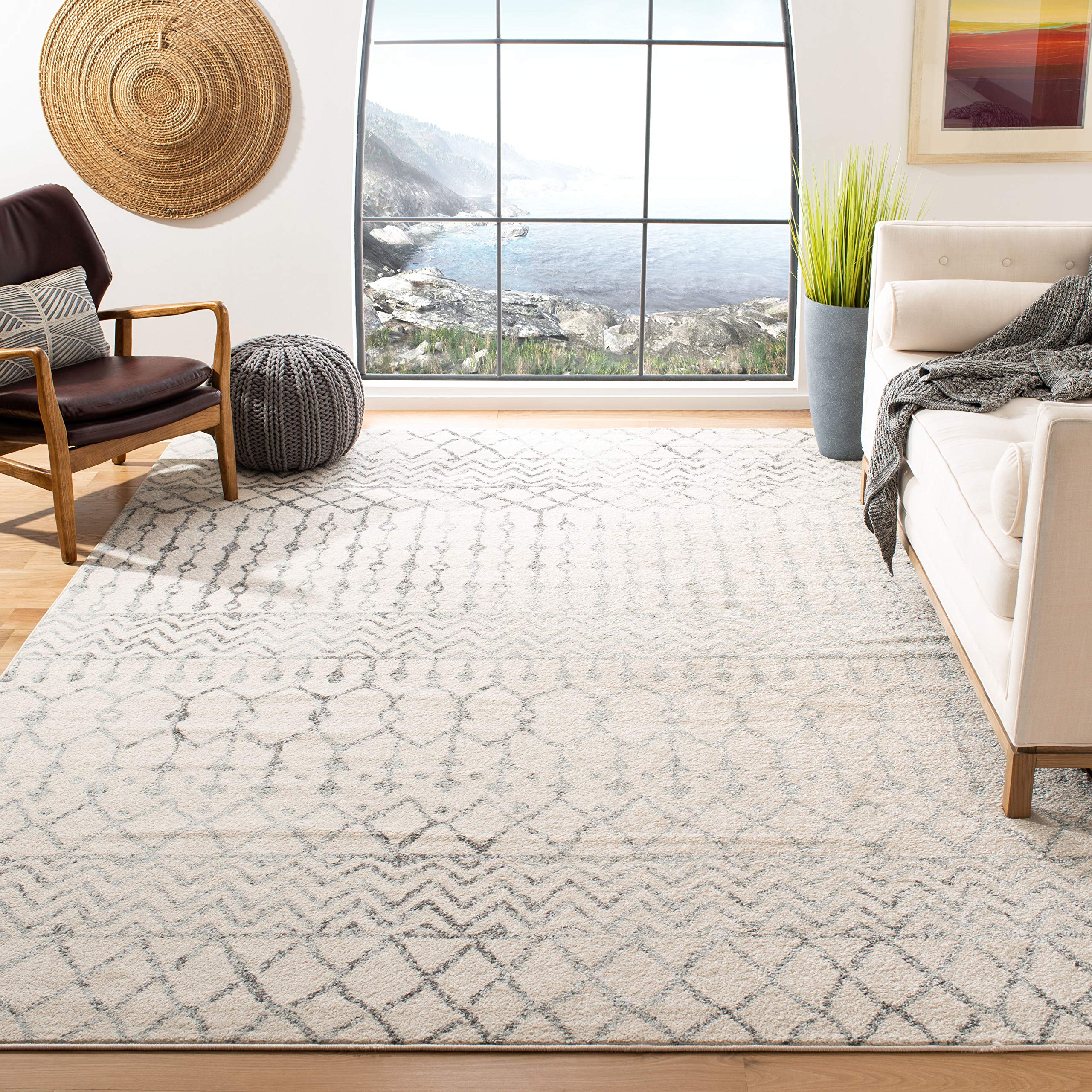 SAFAVIEH Tulum Collection Area Rug - 9 x 12, Ivory & Grey, Moroccan Boho Distressed Design, Non-Shedding & Easy Care, Ideal fo