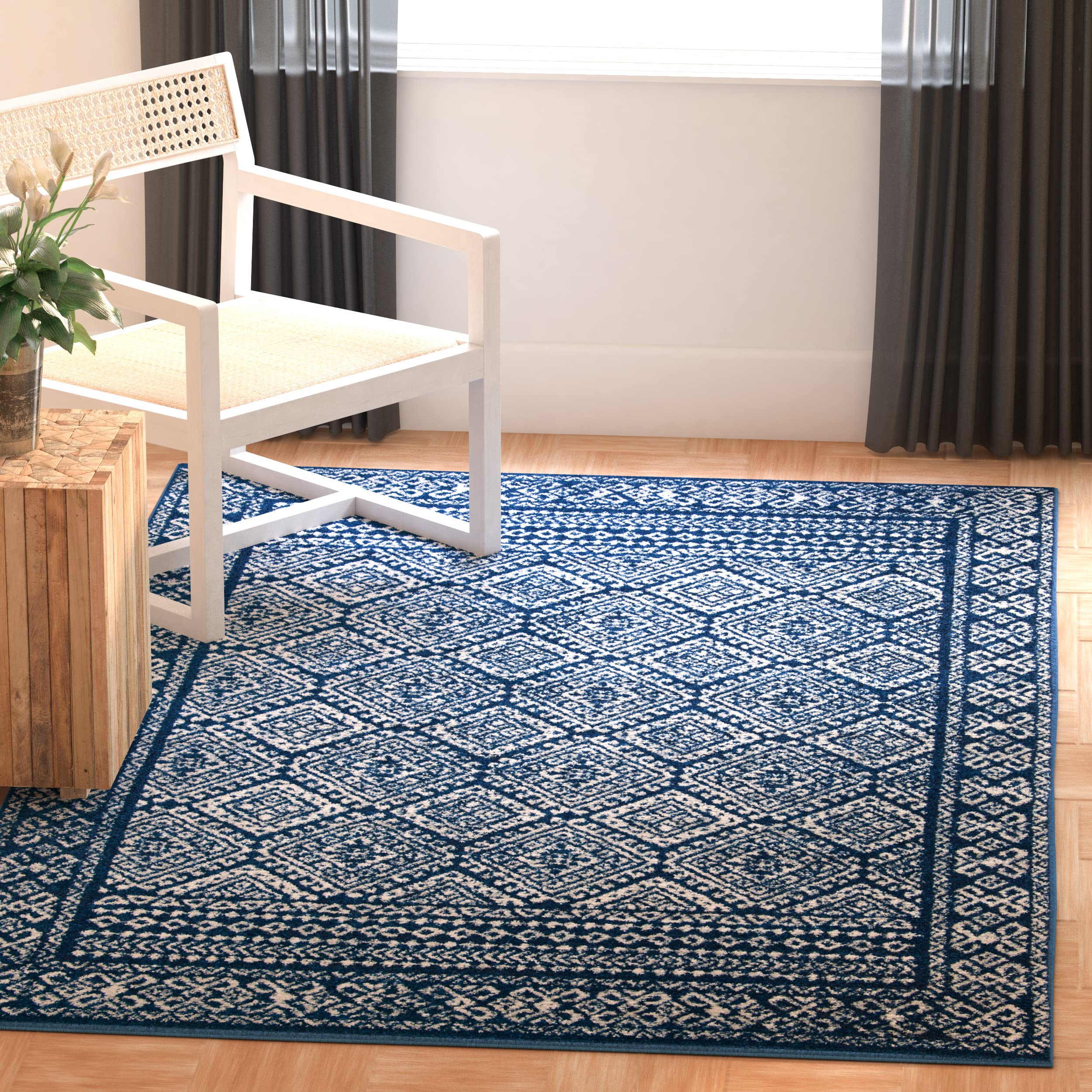 SAFAVIEH Tulum Collection 3 Square Navy/Ivory TUL264N Moroccan Boho Distressed Non-Shedding Living Room Bedroom Accent Rug