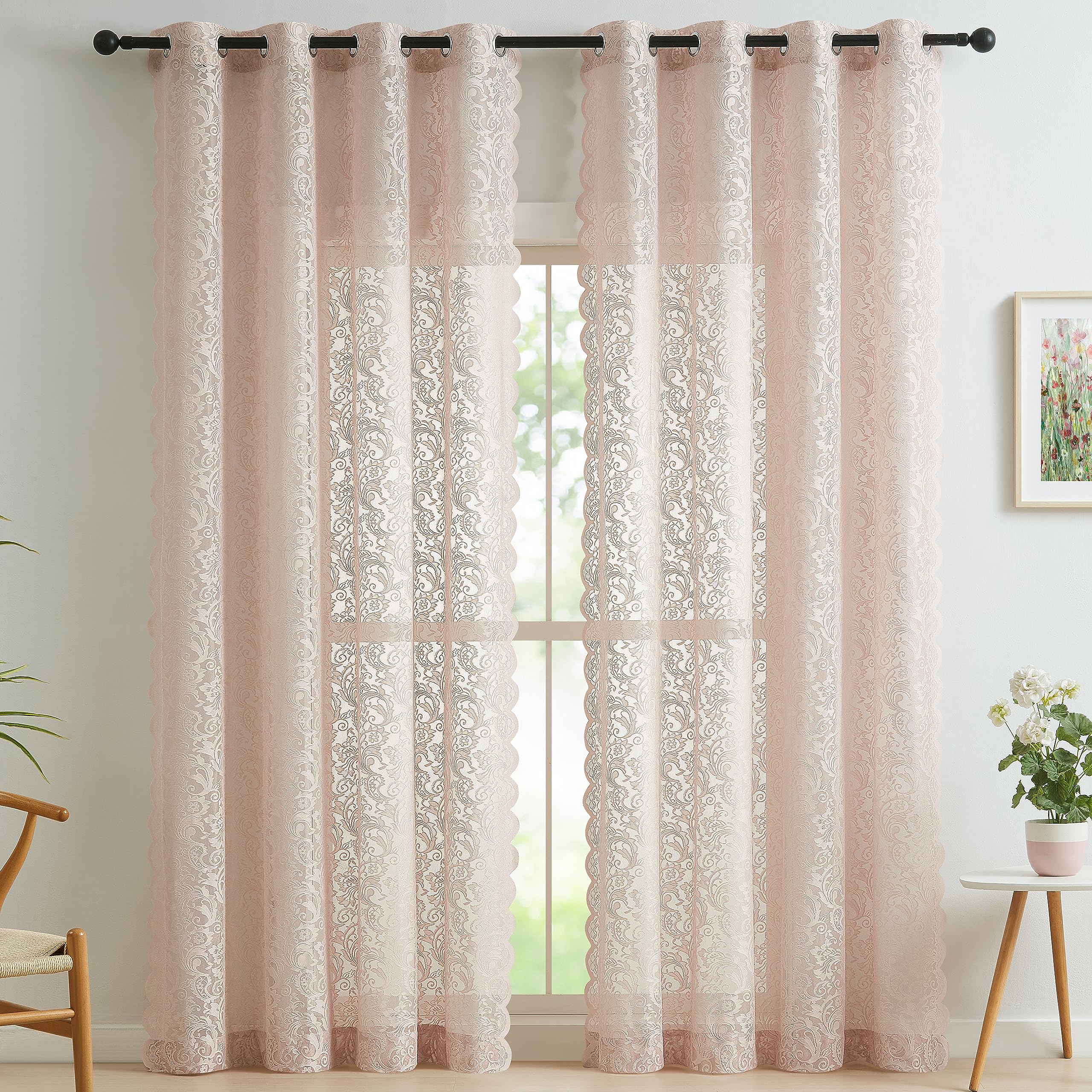 Bujasso Pink Lace Sheer Curtains 108 Inch Vintage Floral Sheer Window Curtain Panels For Living Room Bedroom Elegant Light Filte