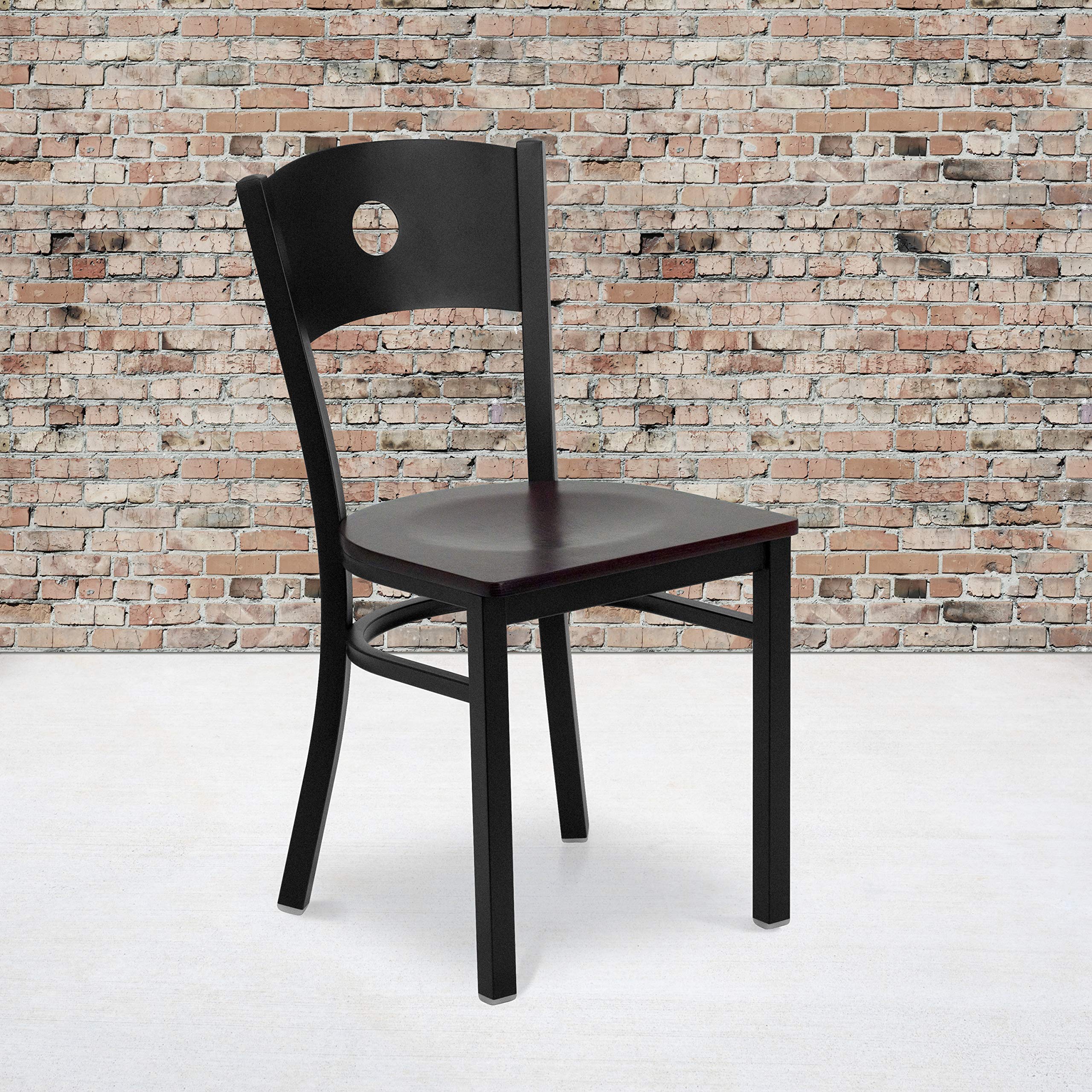 2 Pk. Black Circle Back Metal Restaurant Chair - Mahogany Wood Seat