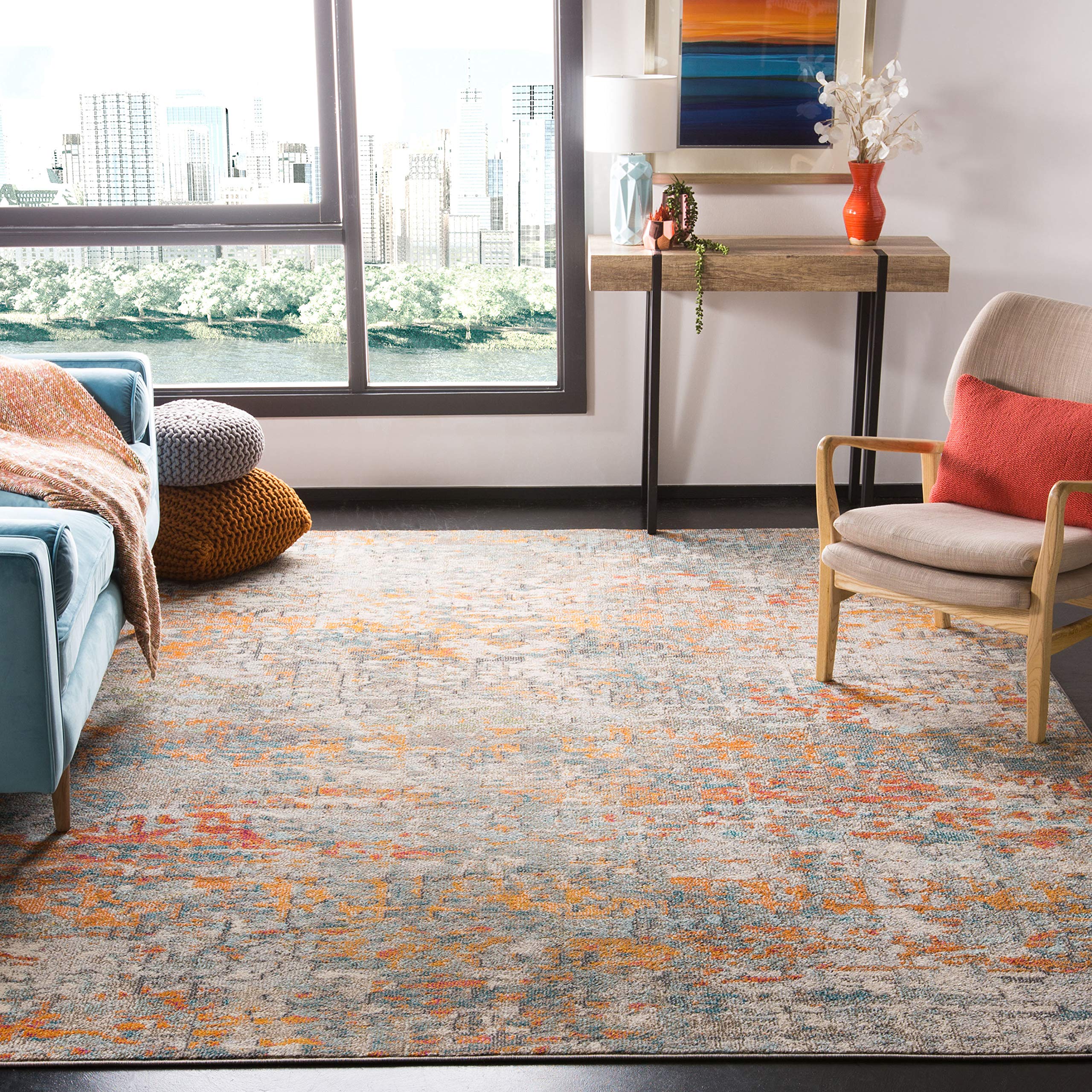 SAFAVIEH Madison Collection Area Rug - 6 x 9, Grey & Orange, Modern Abstract Design, Non-Shedding & Easy Care, Ideal for High 