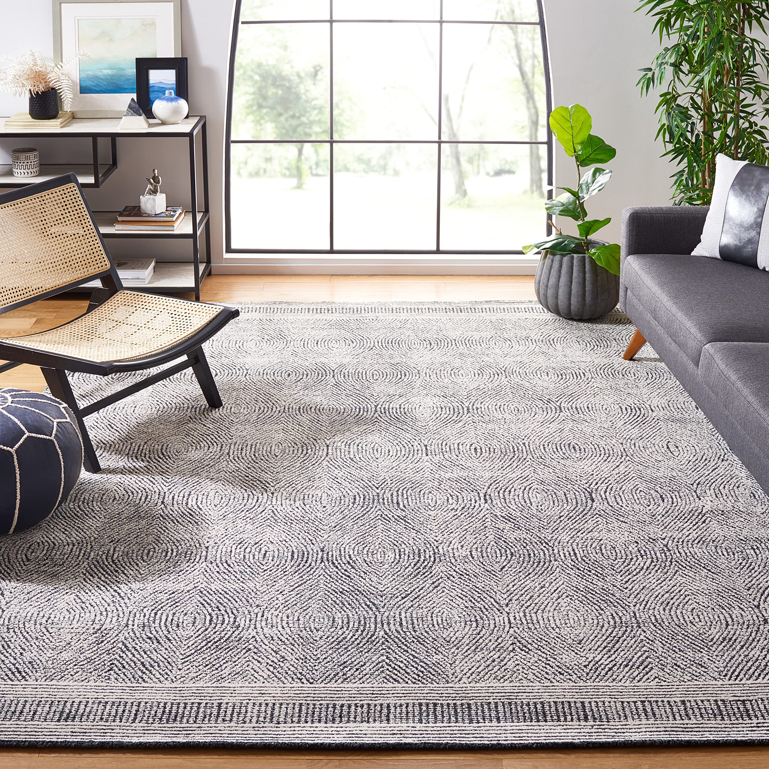 SAFAVIEH Abstract Collection Area Rug - 9 x 12, Ivory & Charcoal, Handmade Wool, Ideal for High Traffic Areas in Living Room, 