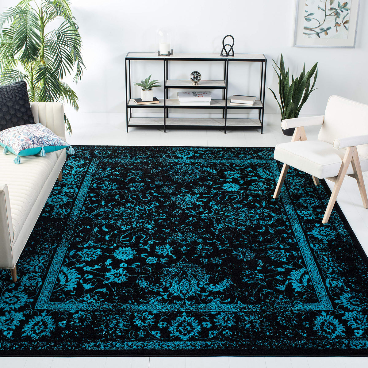 SAFAVIEH Adirondack Collection Area Rug - 8 Square, Black & Teal, Oriental Distressed Design, Non-Shedding & Easy Care, Ideal f