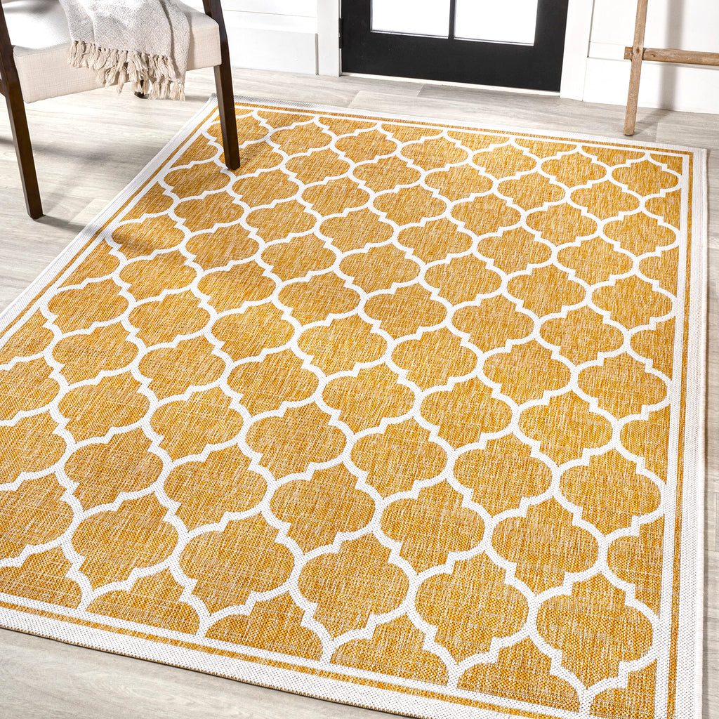 Jonathan Y Smb109F-9 Trebol Moroccan Trellis Textured Weave Indoor Outdoor Area Rug, Bohemian Coastal Contemporary Easy Cleaning,Bedroom,Kitchen,Backyard,Patio,Non Shedding, 9 X 12, Yellow/Cream