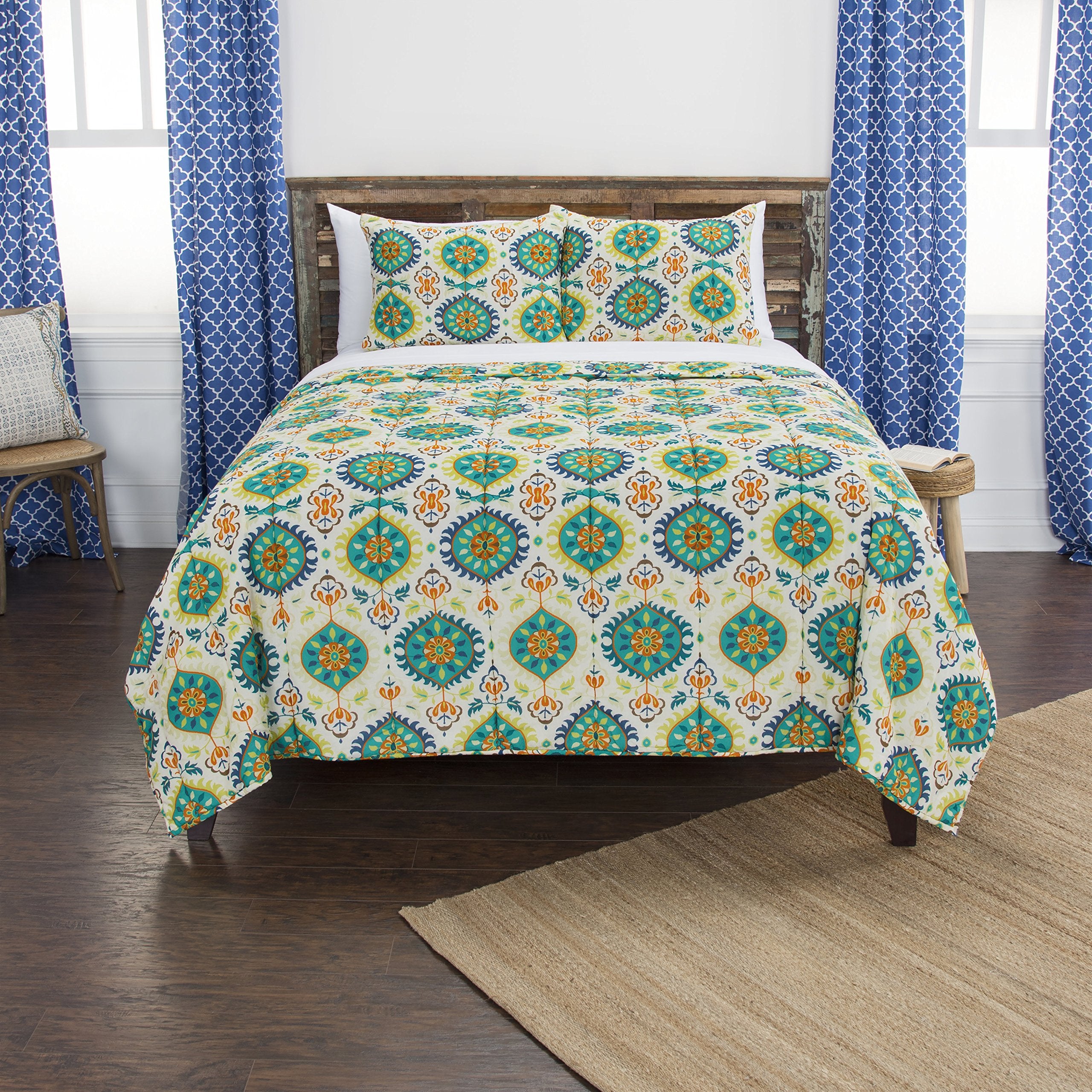 Rizzy Home | BQ4619 | Polyester Quilt | 90"x92" Yellow/Green/Orange Geometric